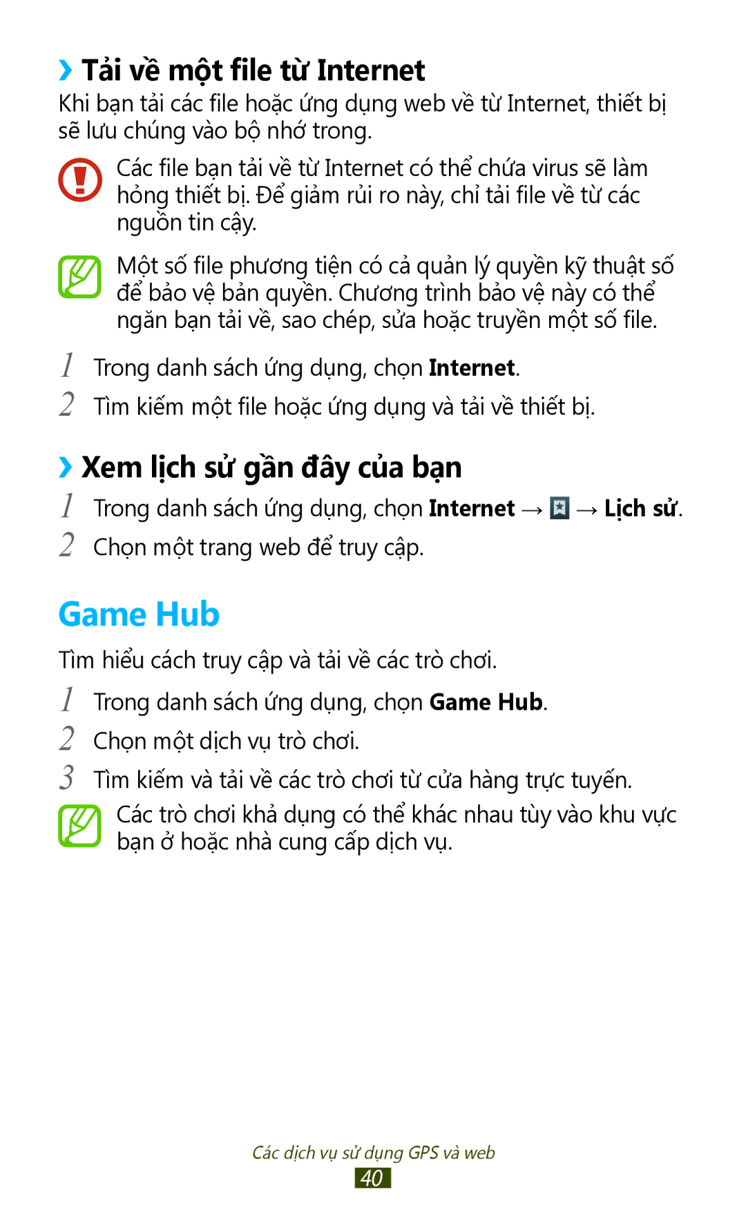 Samsung GT-P3110TSAXXV manual Game Hub, ››Tải về một file từ Internet, ››Xem lịch sử gần đây của bạn 