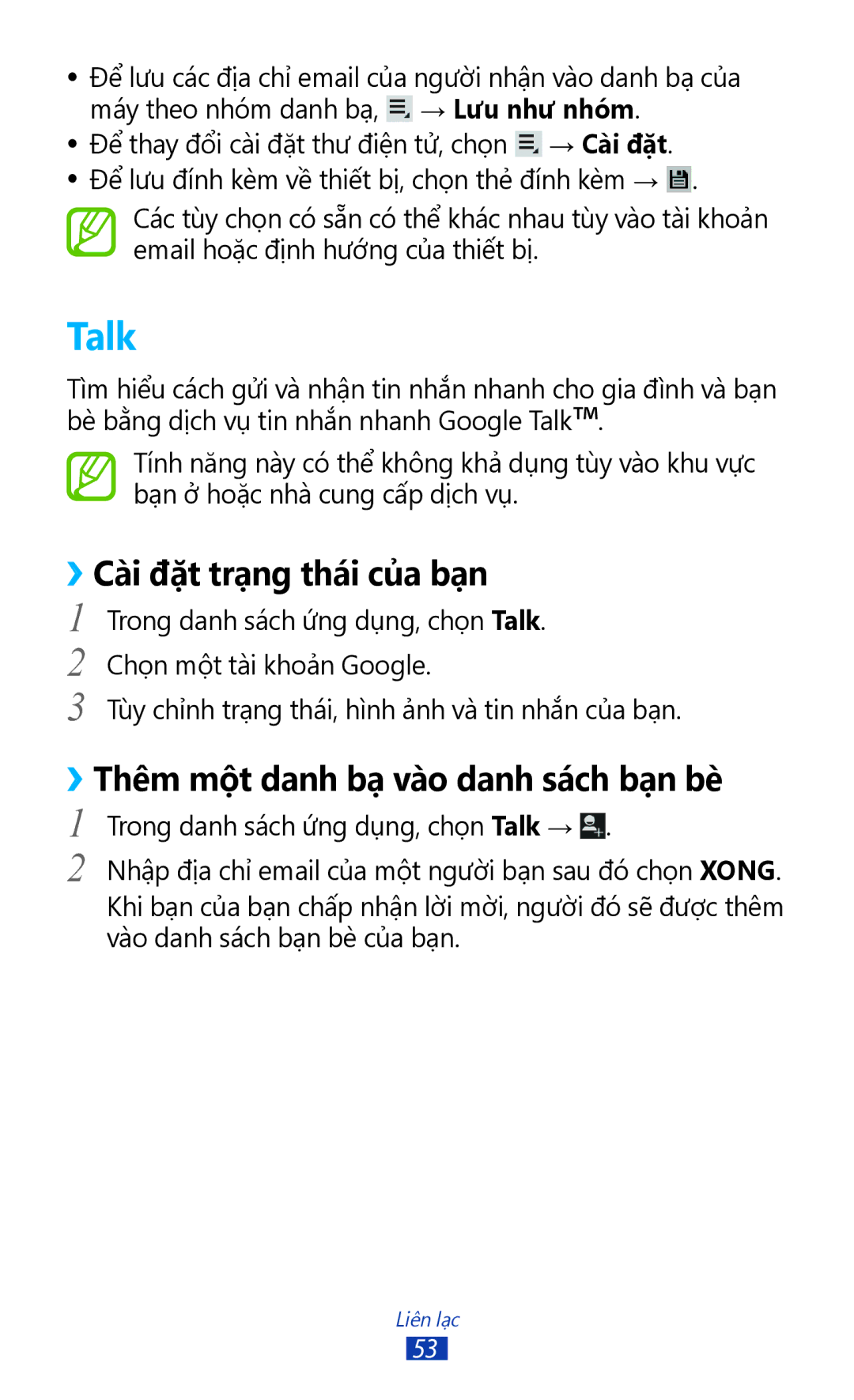 Samsung GT-P3110TSAXXV manual Talk, ››Cài đặt trạng thái của bạn, ››Thêm một danh bạ vào danh sách bạn bè̀ 