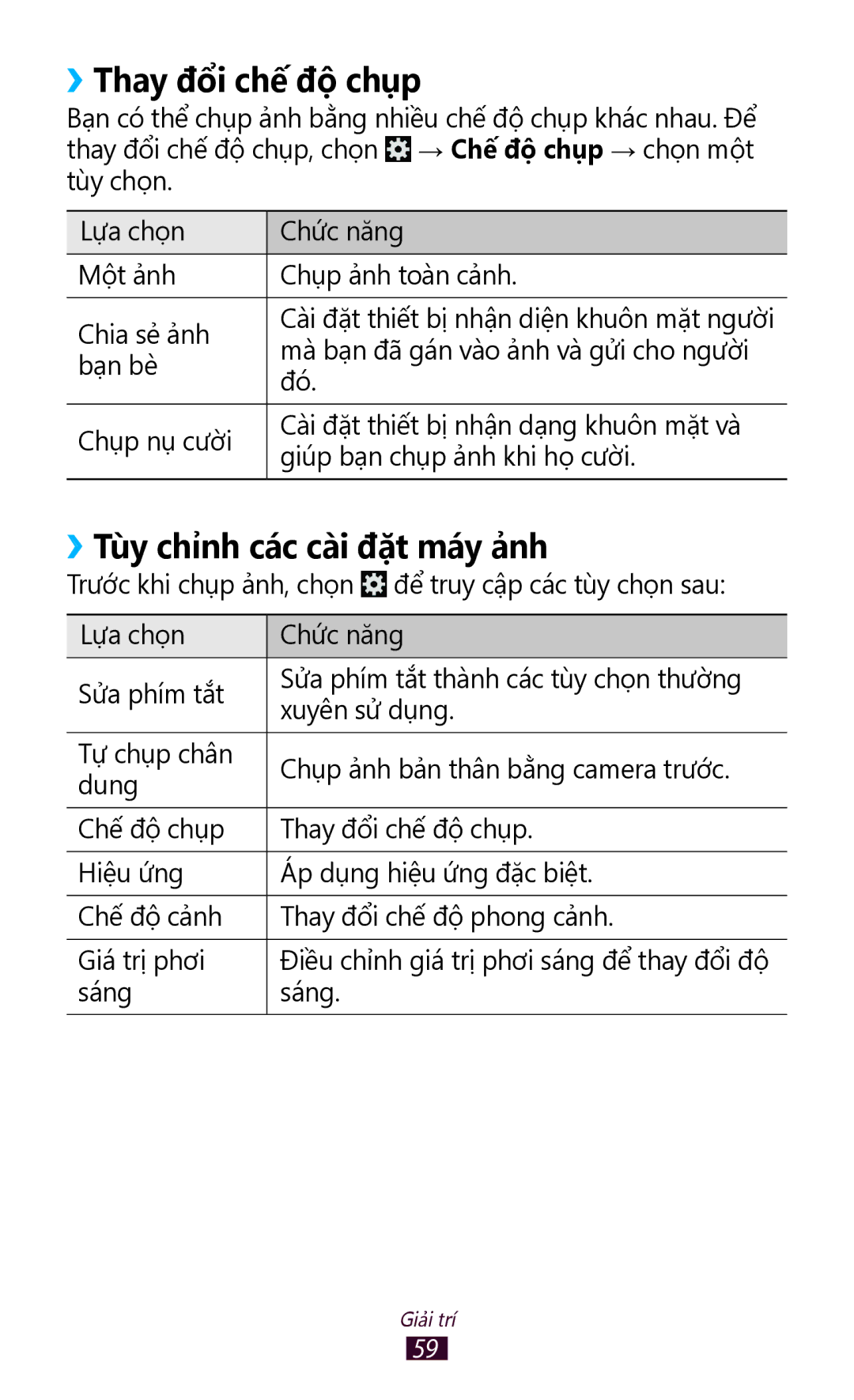 Samsung GT-P3110TSAXXV manual ››Thay đổi chế độ chụp, ››Tùy chỉnh các cài đặt máy ảnh 