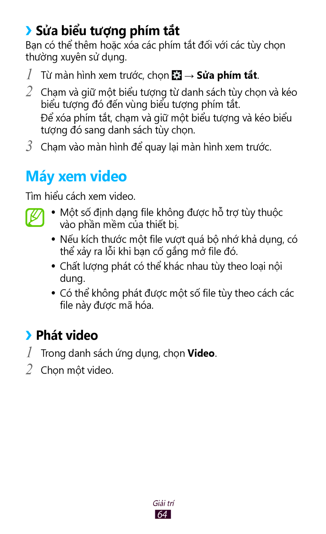 Samsung GT-P3110TSAXXV manual Máy xem video, ››Sửa biểu tượng phím tắt 