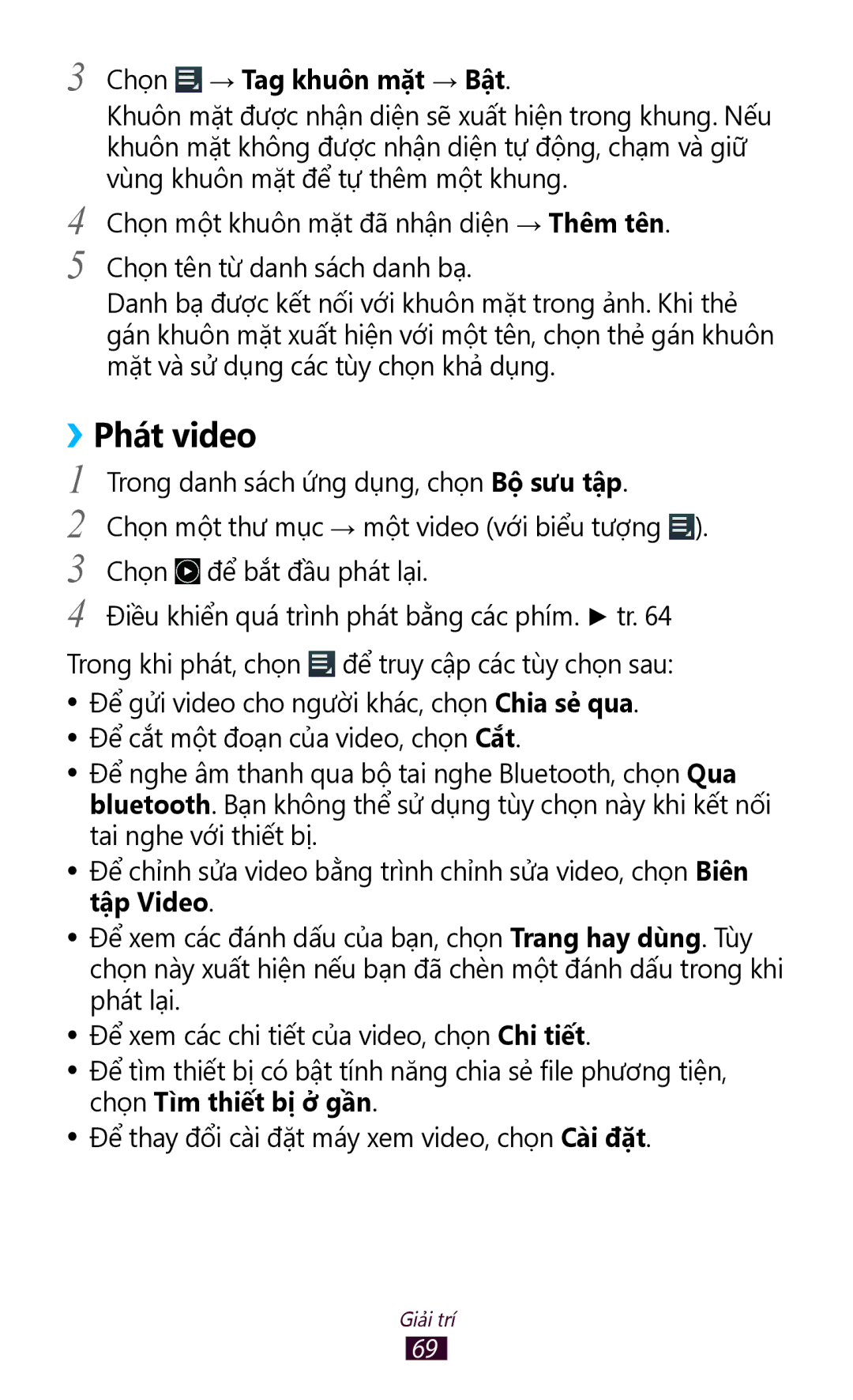 Samsung GT-P3110TSAXXV manual ››Phát video, Chọn → Tag khuôn măt → Bật 