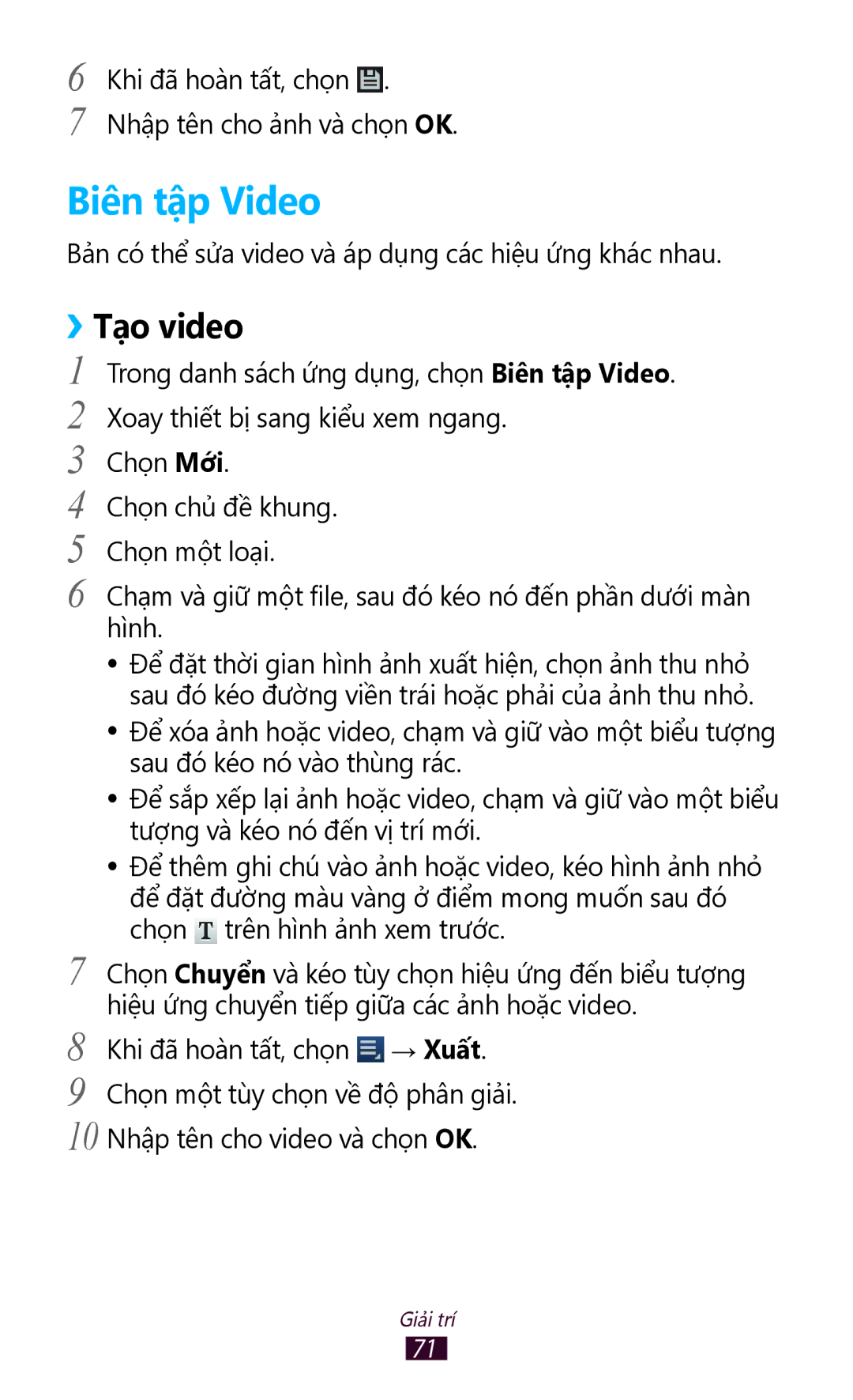 Samsung GT-P3110TSAXXV manual Biên tâp Video, ››Tạo video 