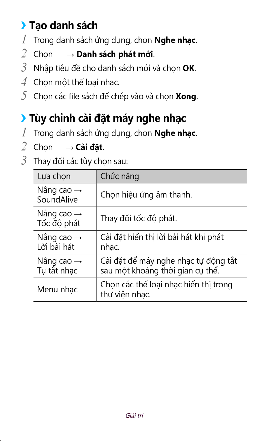 Samsung GT-P3110TSAXXV manual ››Tạo danh sách, ››Tùy chỉnh cài đặt máy nghe nhạc, Chọn → Cài đặt 