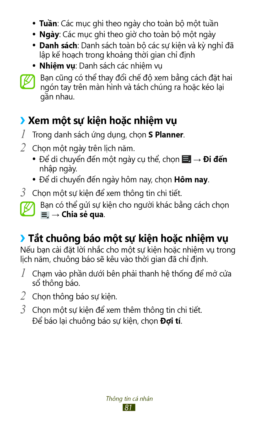 Samsung GT-P3110TSAXXV manual ››Xem một sự kiện hoặc nhiệm vụ, ››Tắt chuông báo một sự kiện hoặc nhiệm vụ, → Chia sẻ qua 