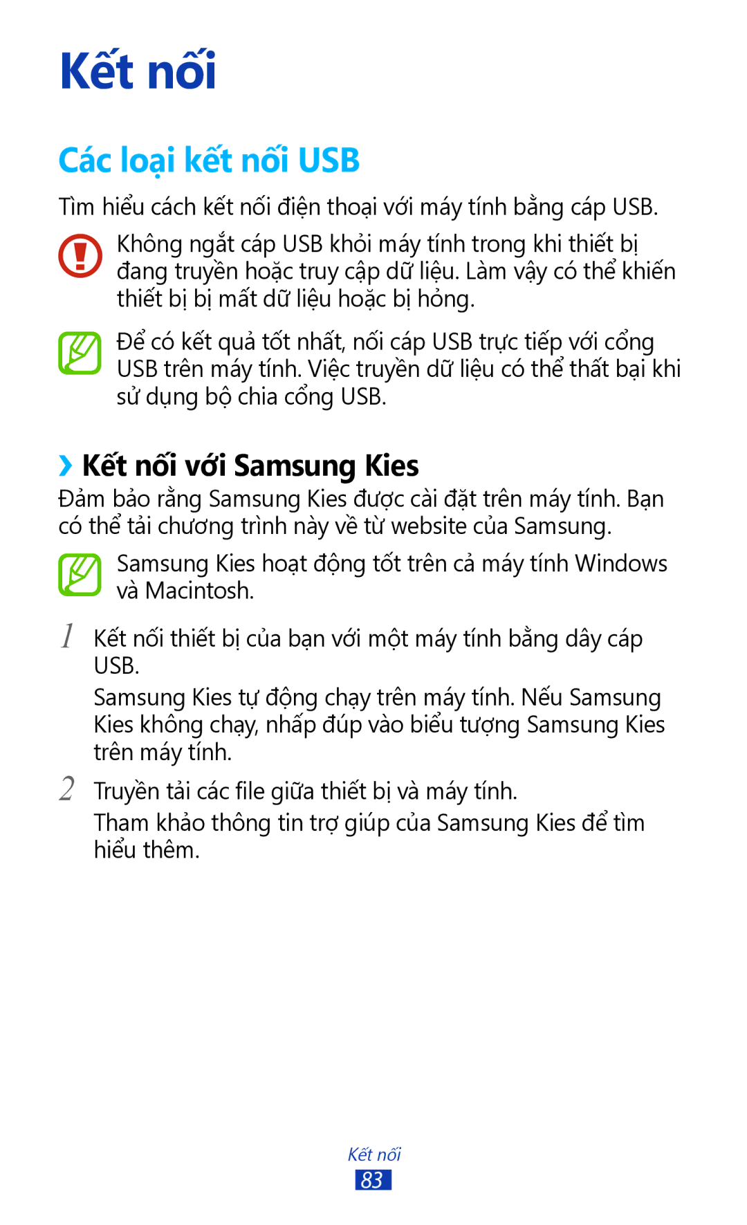 Samsung GT-P3110TSAXXV manual Các loại kết nối USB, ››Kết nối với Samsung Kies 