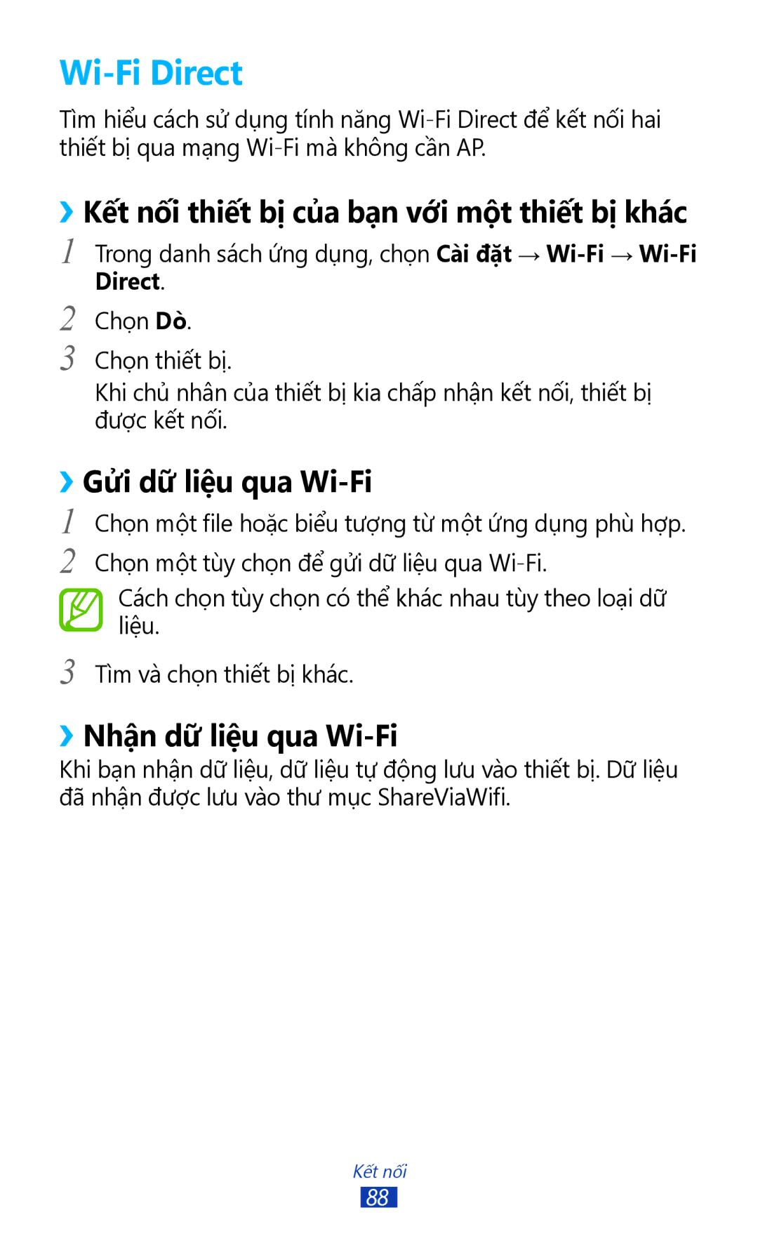 Samsung GT-P3110TSAXXV manual Wi-Fi Direct, ››Kết nối thiết bị của bạn với một thiết bị khác, ››Gửi dữ liệu qua Wi-Fi 