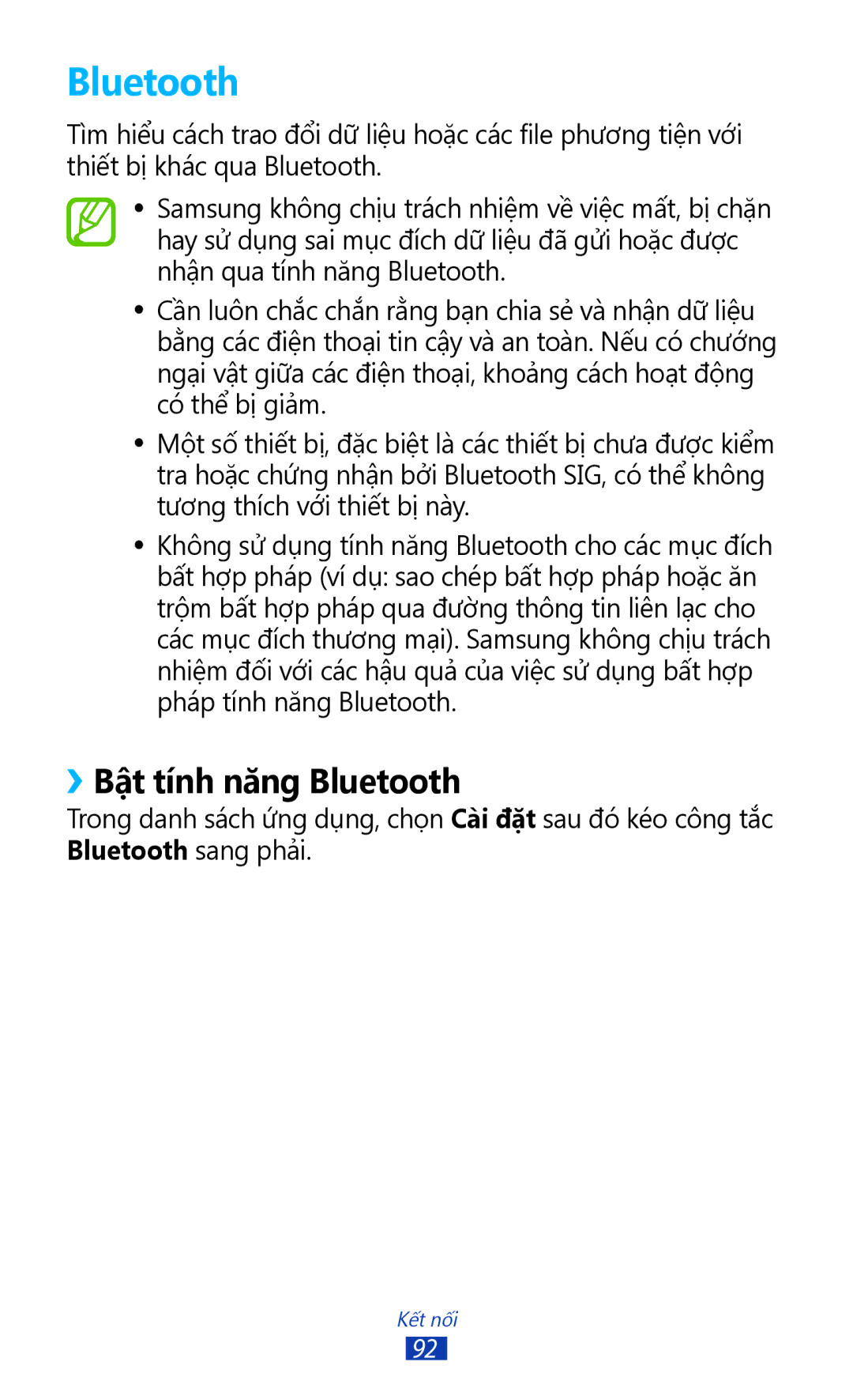 Samsung GT-P3110TSAXXV manual ››Bật tính năng Bluetooth 