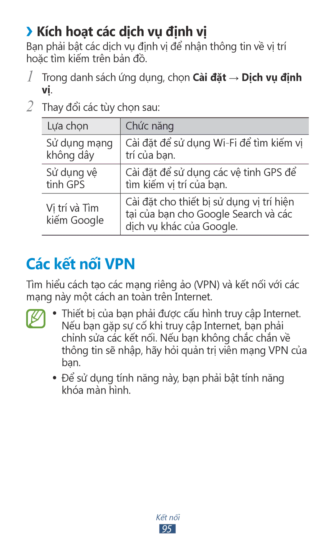 Samsung GT-P3110TSAXXV manual Các kết nối VPN, ››Kích hoạt các dịch vụ định vị 