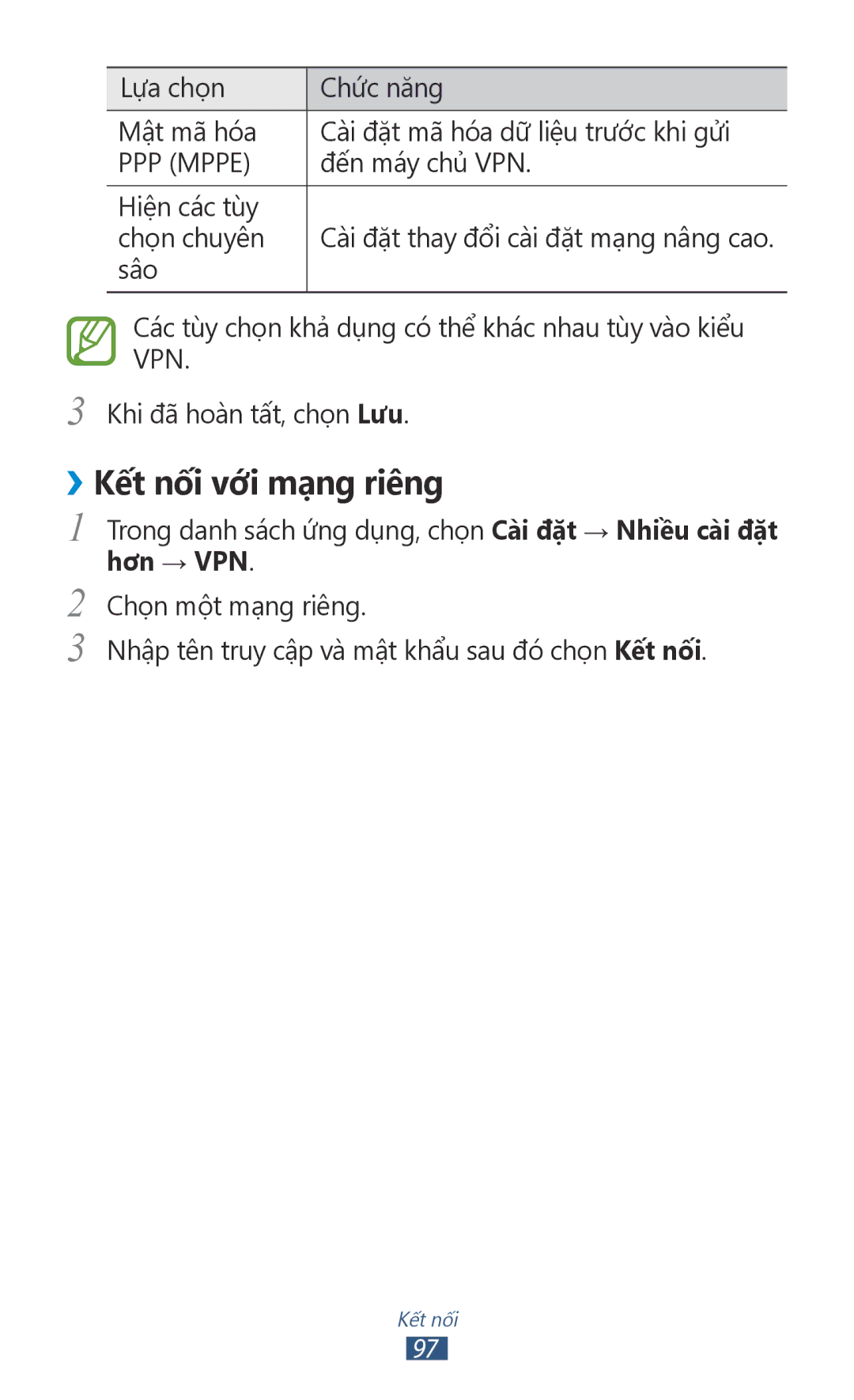 Samsung GT-P3110TSAXXV manual ››Kết nối với mạng riêng, PPP Mppe 
