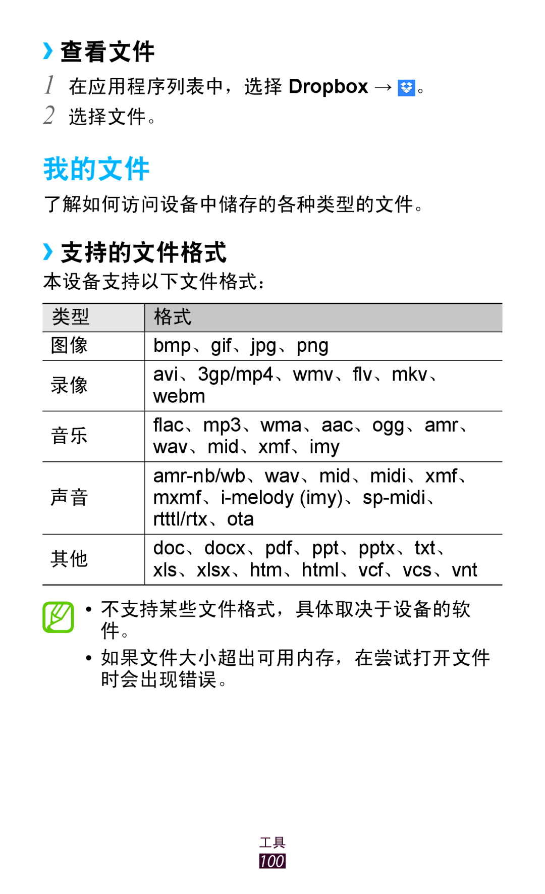 Samsung GT-P3110TSAXXV manual 我的文件, ››查看文件, ››支持的文件格式 