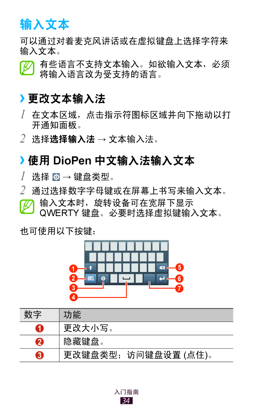 Samsung GT-P3110TSAXXV manual ››更改文本输入法, ››使用 DioPen 中文输入法输入文本 