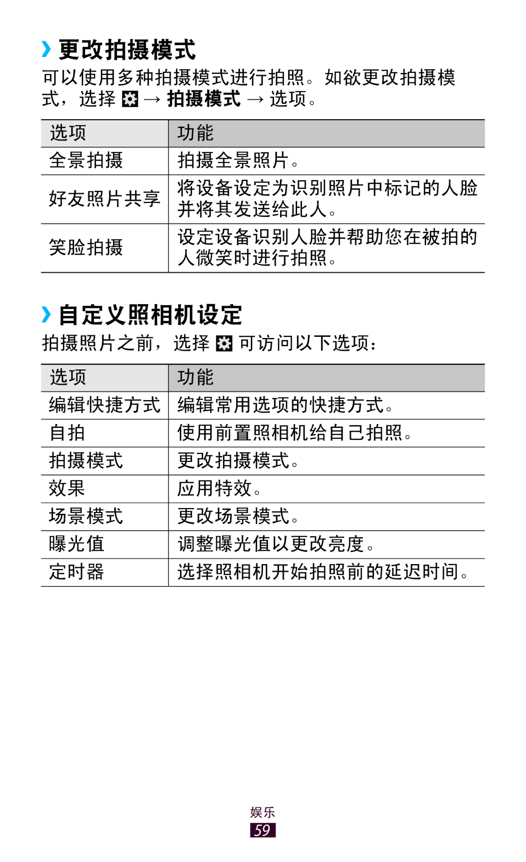 Samsung GT-P3110TSAXXV manual ››更改拍摄模式, ››自定义照相机设定 