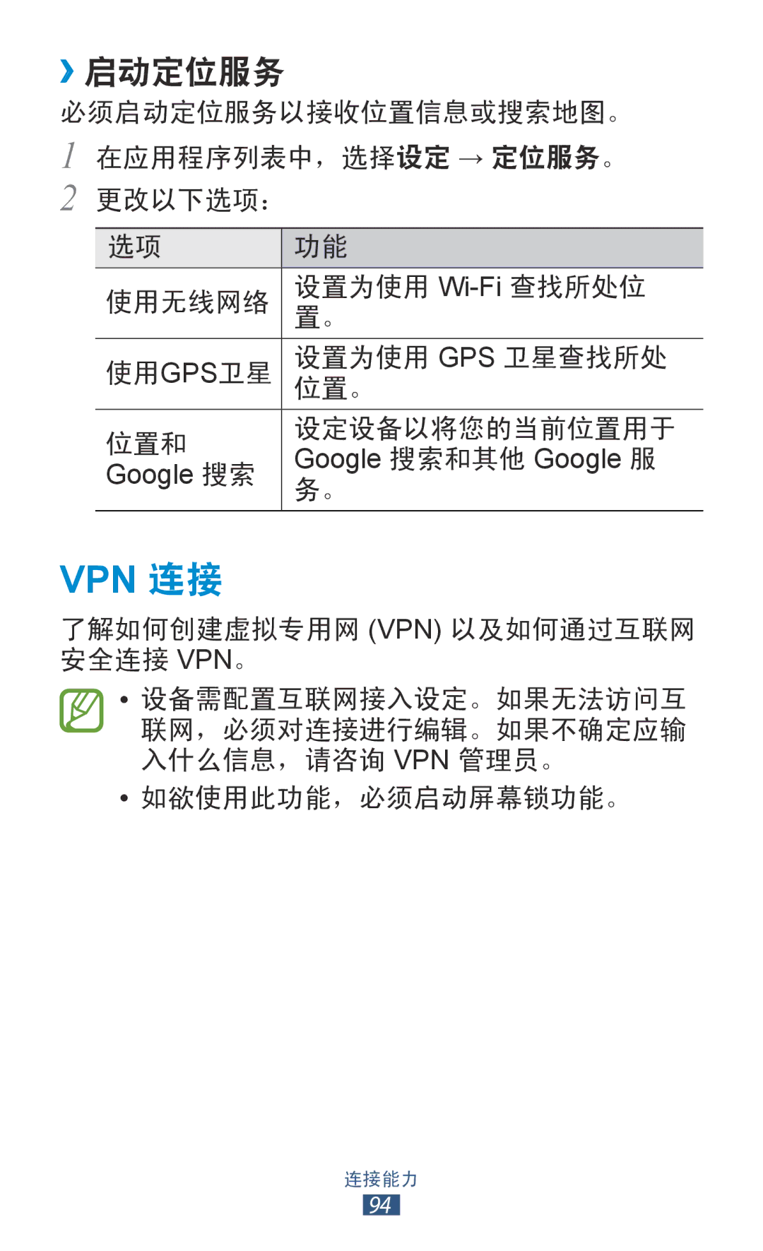 Samsung GT-P3110TSAXXV manual Vpn 连接, ››启动定位服务 