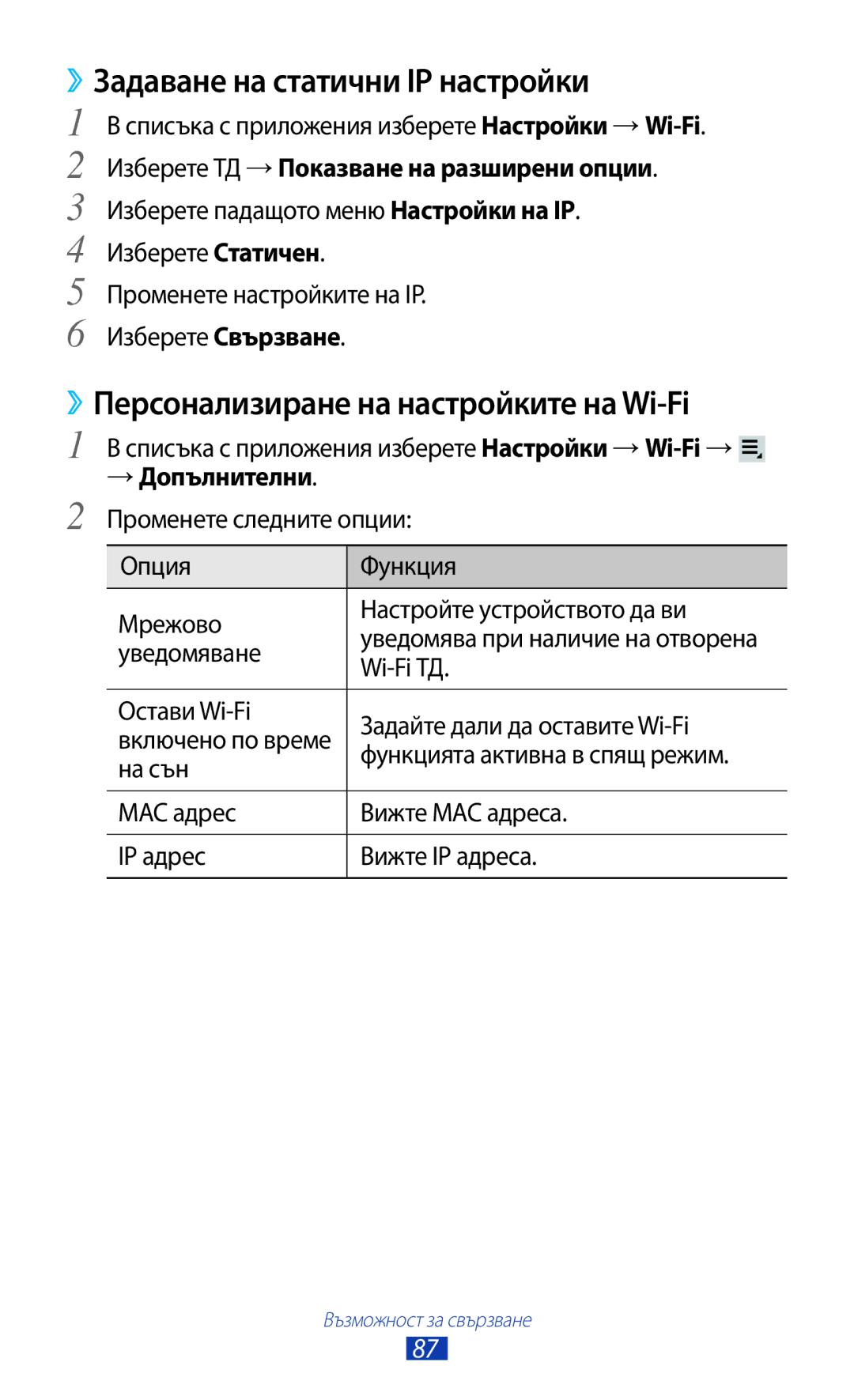 Samsung GT-P3110TSABGL ››Задаване на статични IP настройки, ››Персонализиране на настройките на Wi-Fi, → Допълнителни 