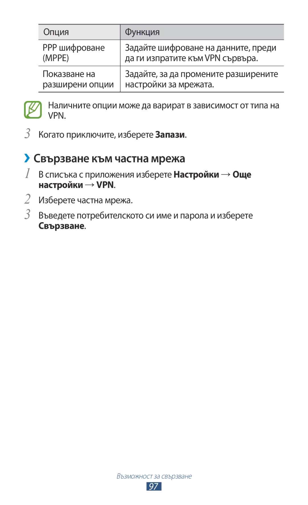 Samsung GT-P3110TSABGL, GT-P3110ZWABGL, GT-P3110TSEBGL, GT-P3110TSACOA, GT-P3110ZWACOA manual ››Свързване към частна мрежа 