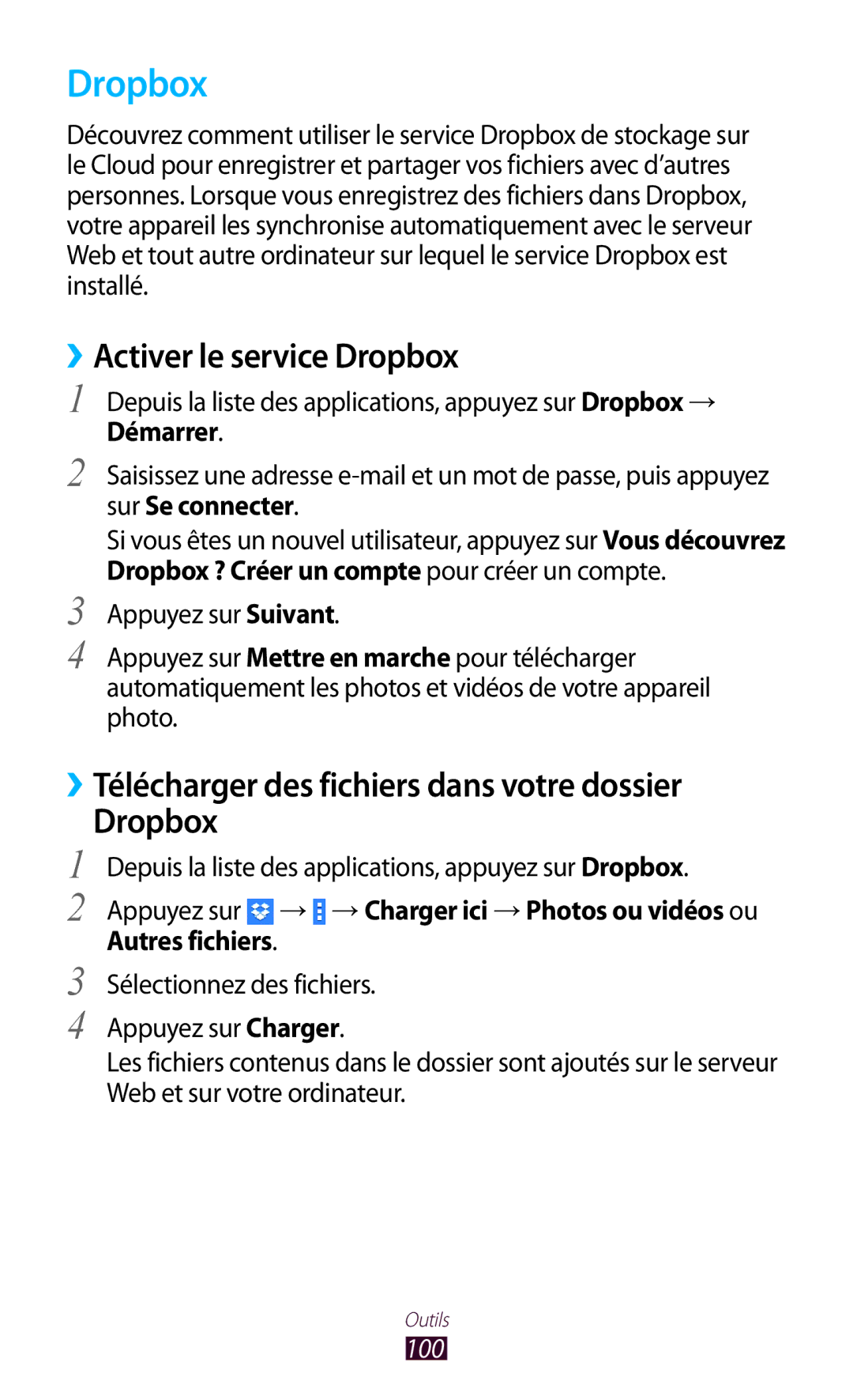 Samsung GT-P3110TSABOG manual ››Activer le service Dropbox, ››Télécharger des fichiers dans votre dossier Dropbox 