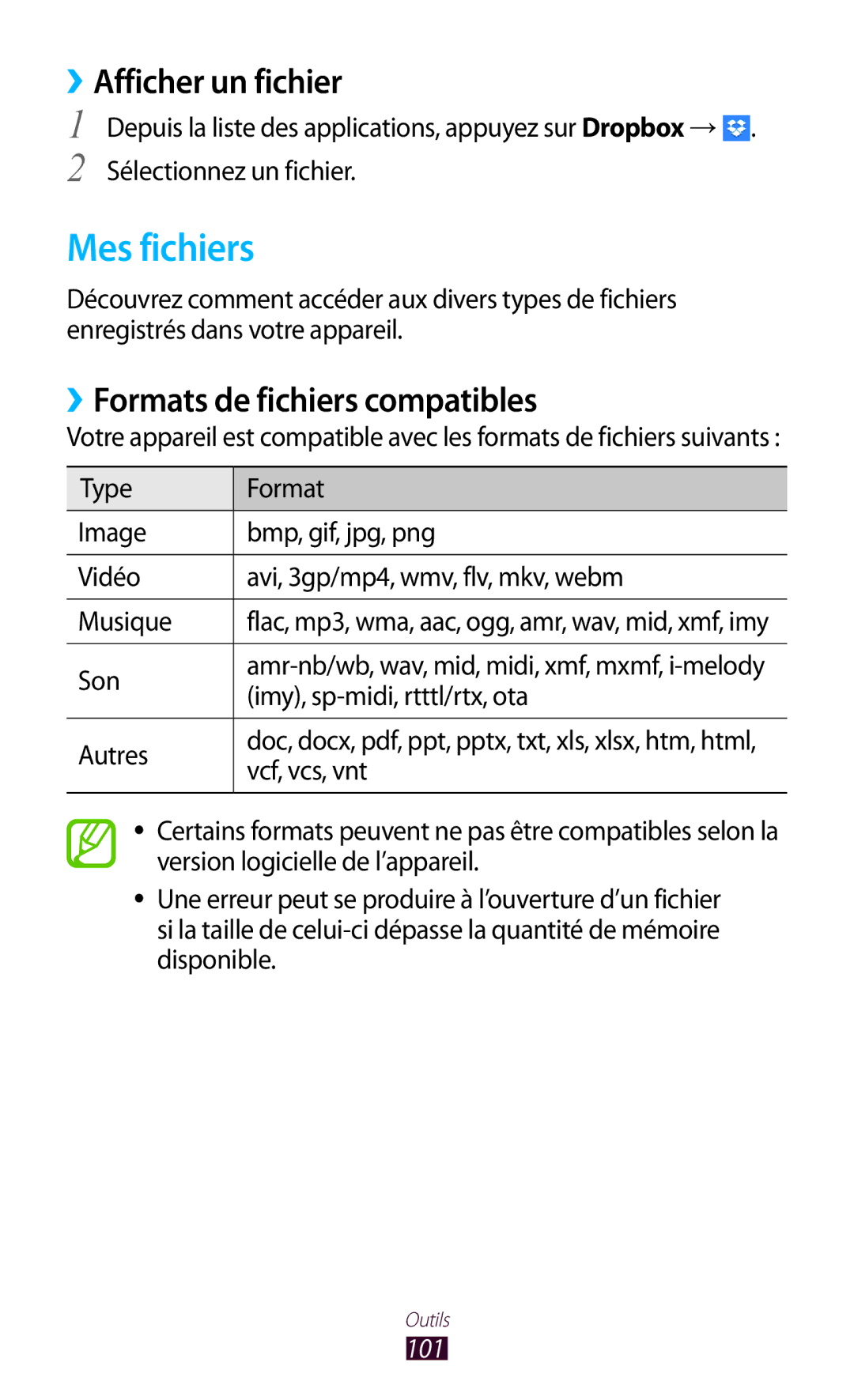 Samsung GT-P3110TSEFTM, GT-P3110ZWAXEF manual Mes fichiers, ››Afficher un fichier, ››Formats de fichiers compatibles, Son 