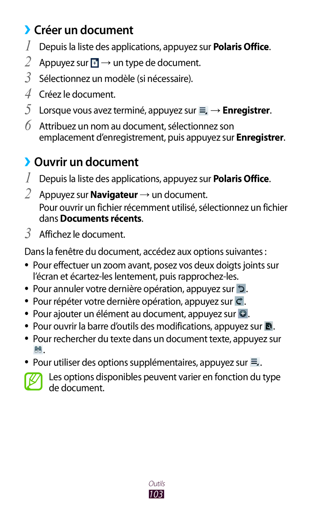 Samsung GT-P3110GRAXEF, GT-P3110ZWAXEF, GT-P3110TSFXEF manual Créer un document, Ouvrir un document, Dans Documents récents 