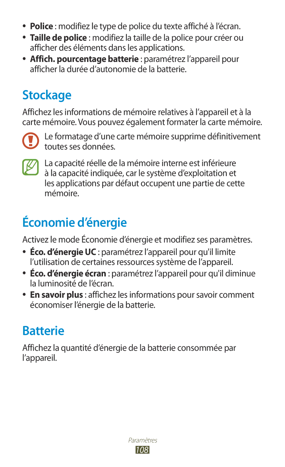 Samsung GT-P3110ZWEXEF, GT-P3110ZWAXEF, GT-P3110TSFXEF, GT-P3110TSEXEF, GT-P3110ZWASFR Stockage, Économie d’énergie, Batterie 