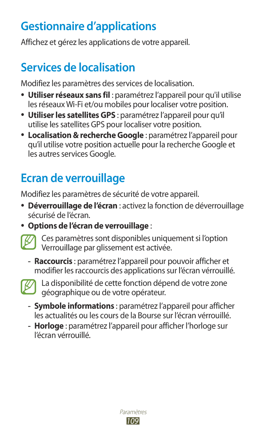 Samsung GT-P3110ZWASFR, GT-P3110ZWAXEF manual Gestionnaire d’applications, Services de localisation, Ecran de verrouillage 