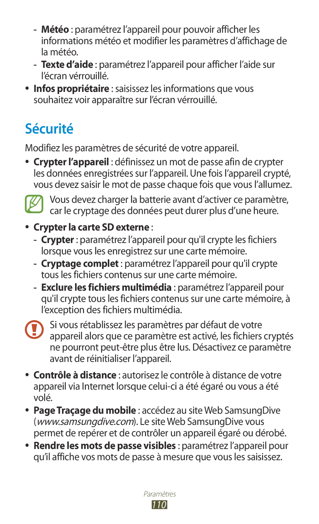 Samsung GT-P3110TSEBOG manual Sécurité, Modifiez les paramètres de sécurité de votre appareil, Crypter la carte SD externe 