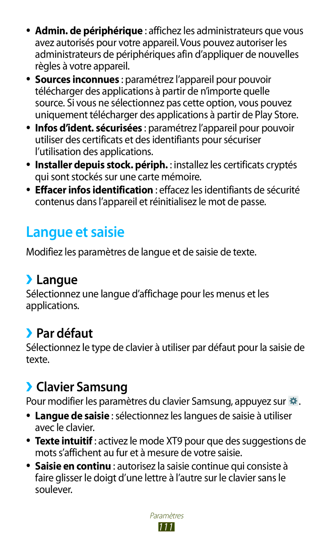 Samsung GT-P3110ZWAFTM, GT-P3110ZWAXEF, GT-P3110TSFXEF manual Langue et saisie, ››Langue, ››Par défaut, ››Clavier Samsung 