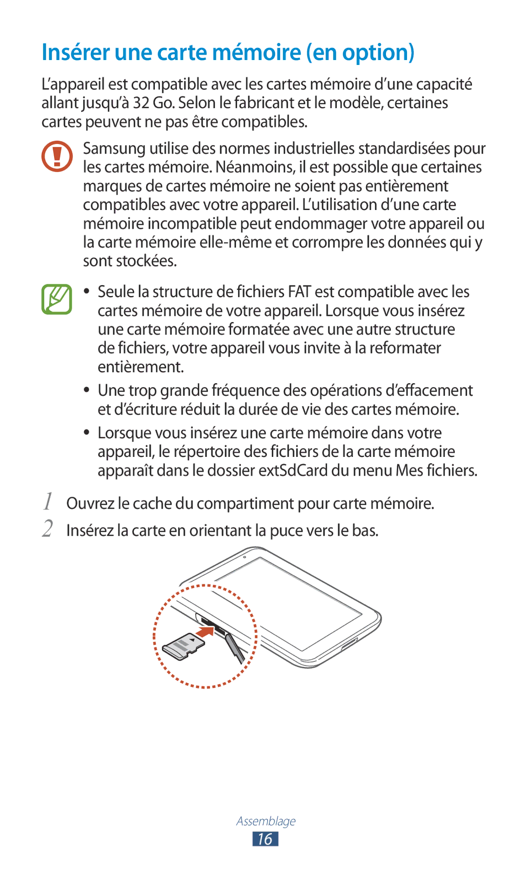 Samsung GT-P3110TSFXEF, GT-P3110ZWAXEF, GT-P3110TSEXEF, GT-P3110ZWEXEF, GT-P3110ZWASFR Insérer une carte mémoire en option 