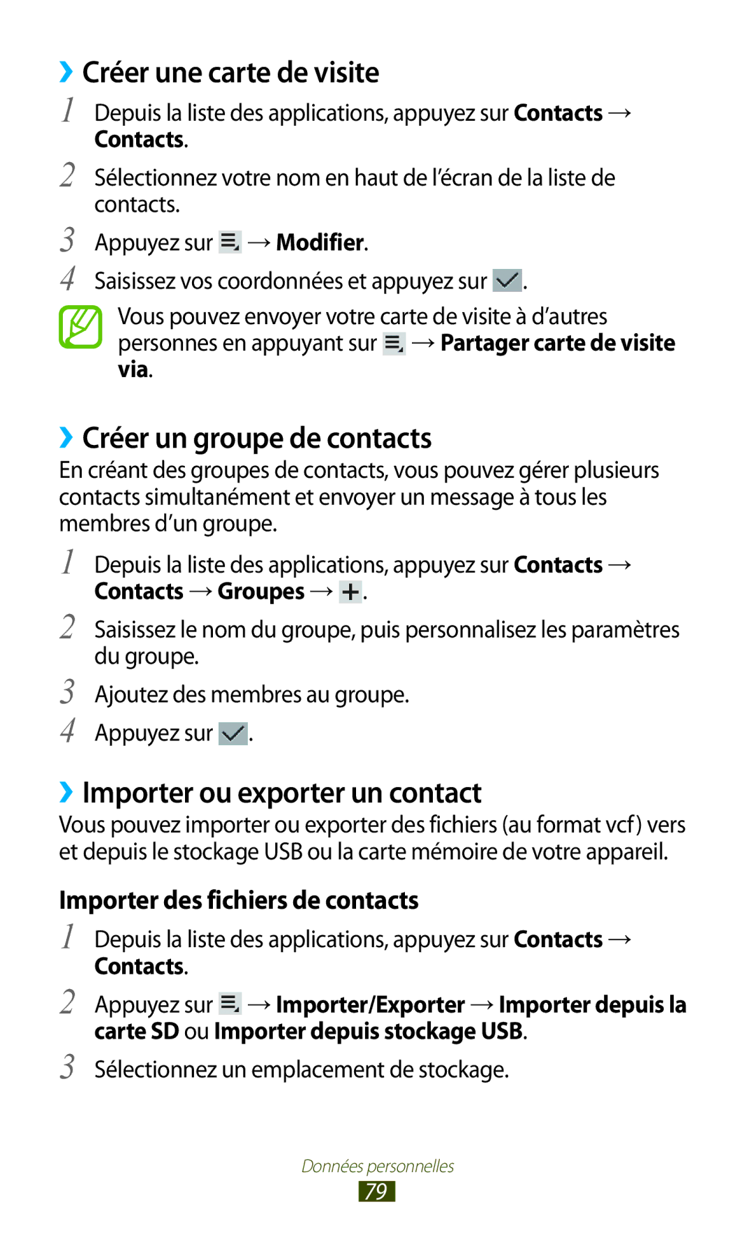 Samsung GT-P3110ZWASFR manual ››Créer une carte de visite, ››Créer un groupe de contacts, ››Importer ou exporter un contact 