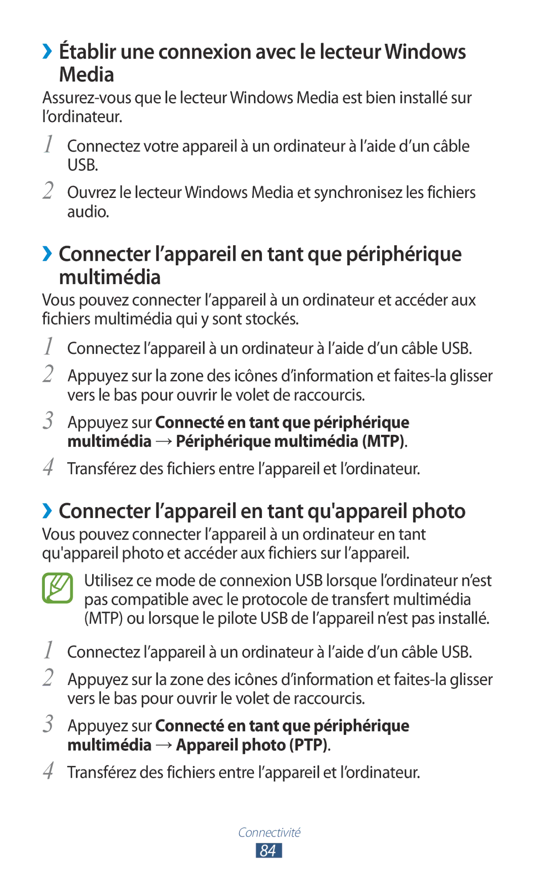 Samsung GT-P3110TSAFTM, GT-P3110ZWAXEF, GT-P3110TSFXEF Media, ››Connecter l’appareil en tant que périphérique multimédia 