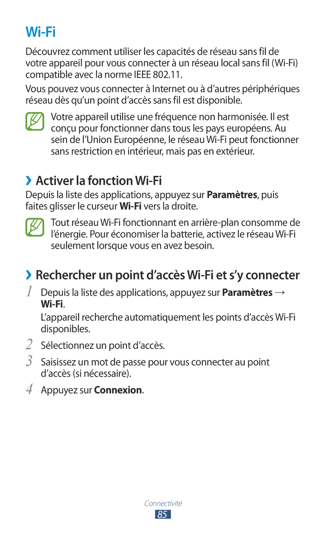 Samsung GT-P3110TSABOG, GT-P3110ZWAXEF, GT-P3110TSFXEF, GT-P3110TSEXEF, GT-P3110ZWEXEF manual ››Activer la fonction Wi-Fi 