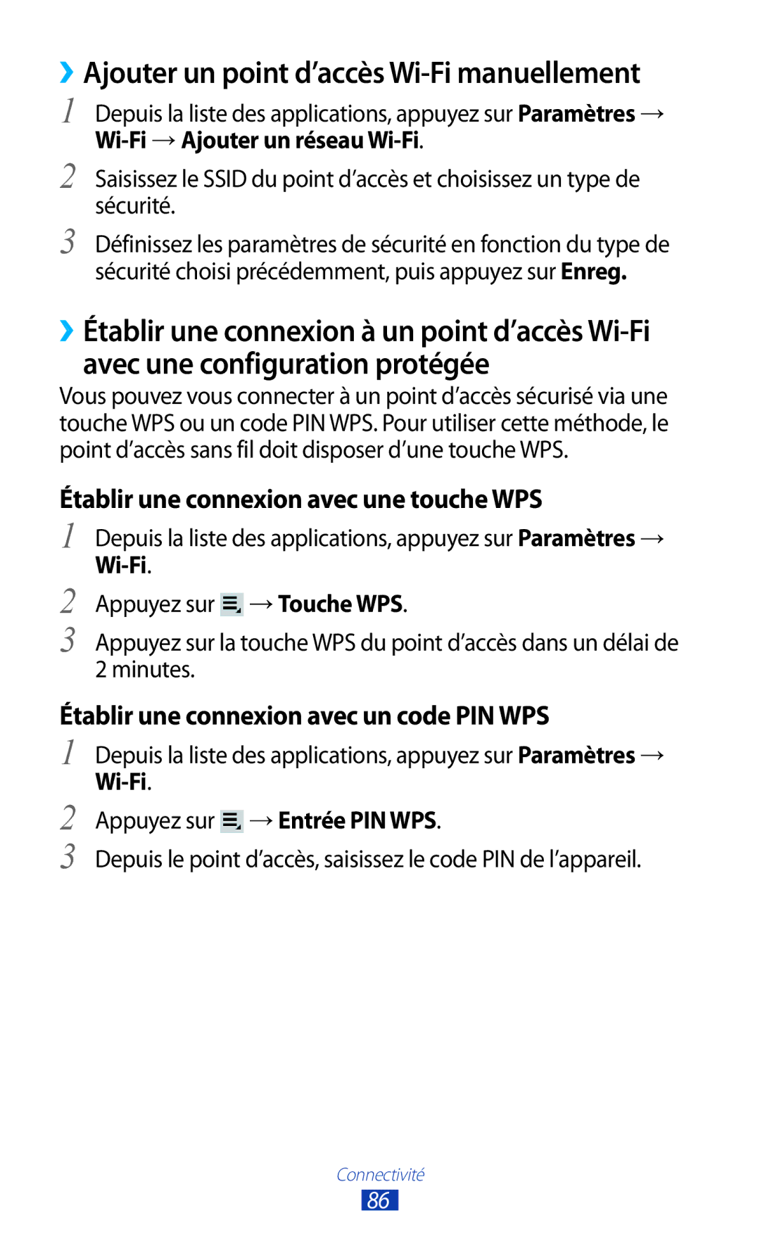 Samsung GT-P3110TSEFTM, GT-P3110ZWAXEF manual ››Ajouter un point d’accès Wi-Fi manuellement, Wi-Fi → Ajouter un réseau Wi-Fi 