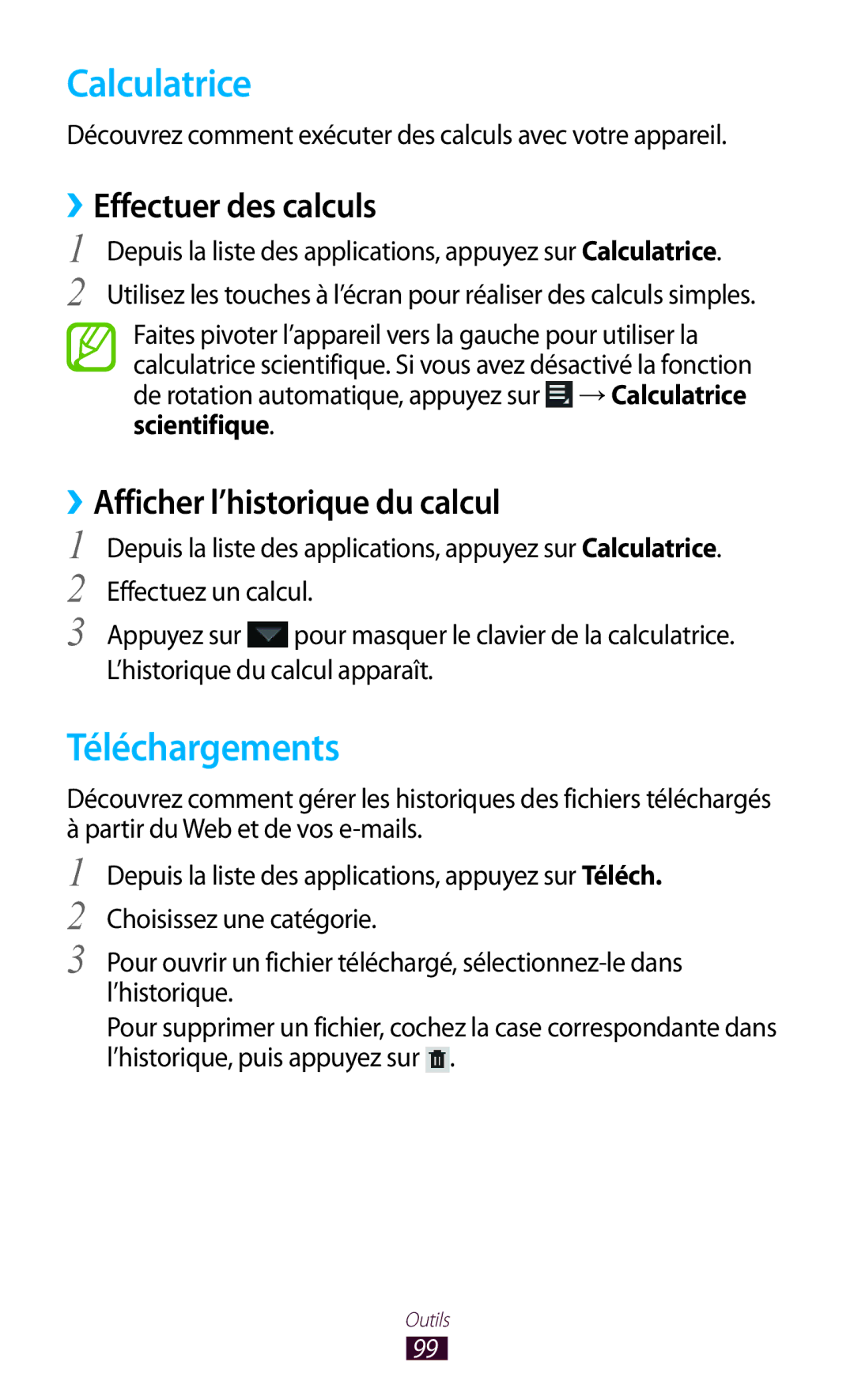 Samsung GT-P3110TSAFTM manual Calculatrice, Téléchargements, ››Effectuer des calculs, ››Afficher l’historique du calcul 