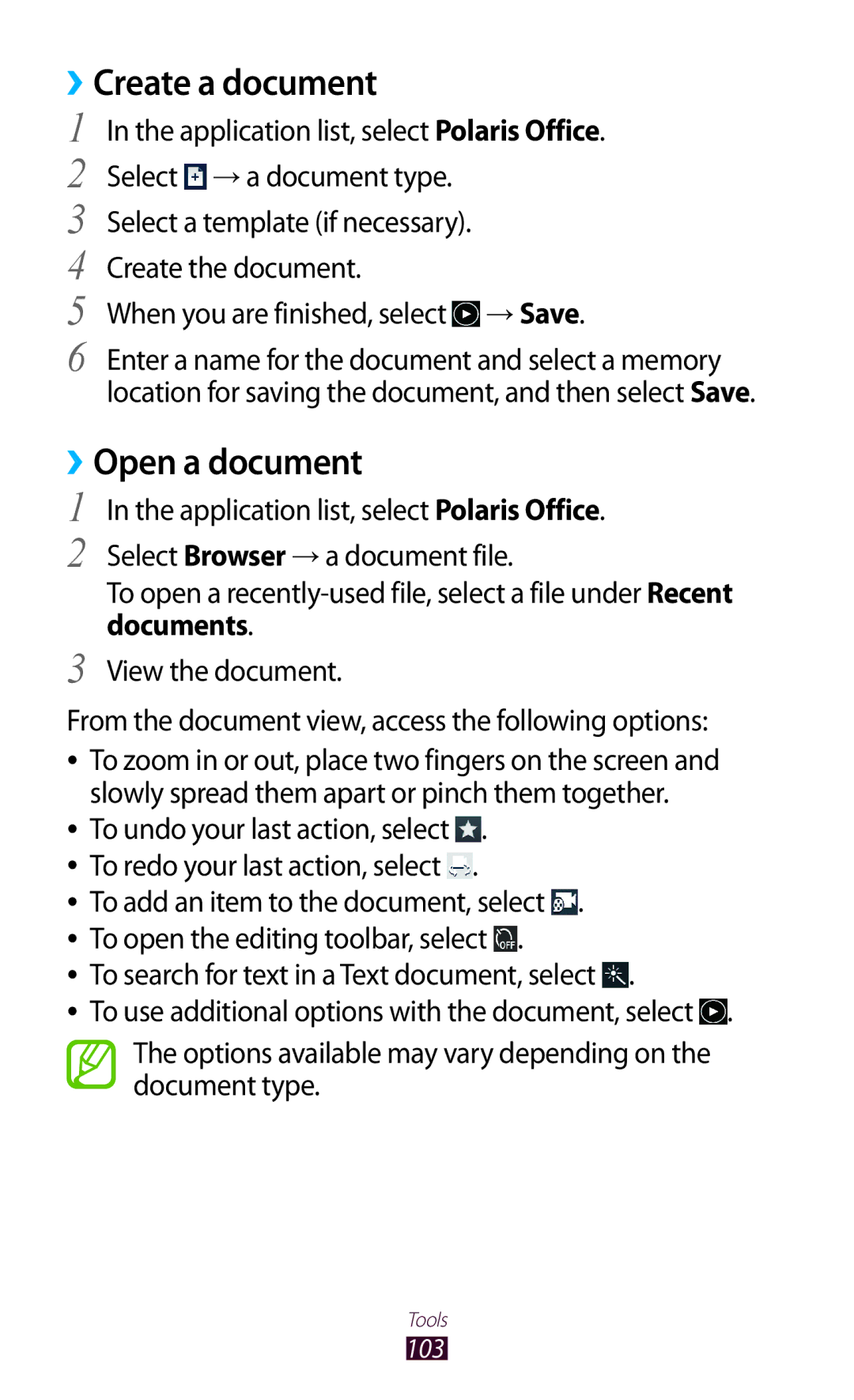 Samsung GT-P3110TSABOG, GT-P3110ZWFDBT, GT-P3110TSAXEO, GT-P3110ZWAATO manual Create a document, Open a document, Documents 