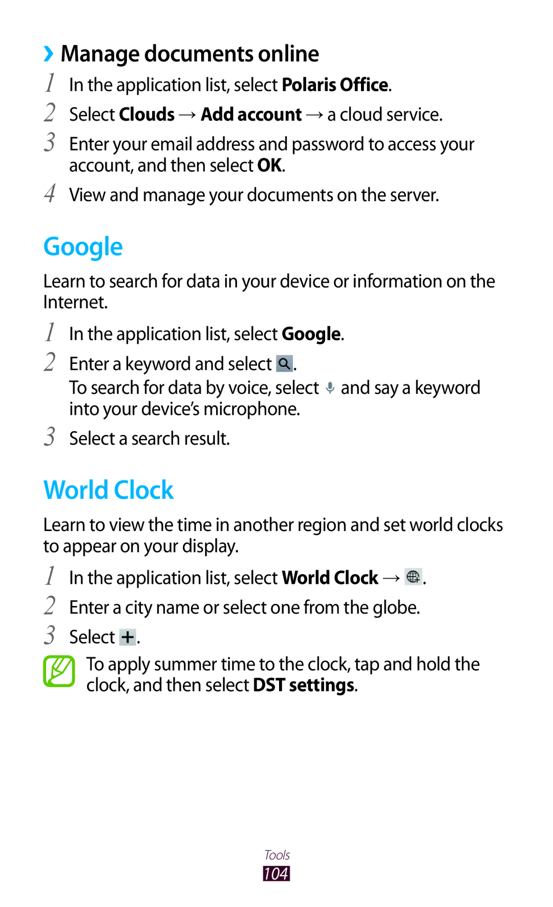 Samsung GT-P3110TSEFTM, GT-P3110ZWFDBT, GT-P3110TSAXEO, GT-P3110ZWAATO manual Google, World Clock, ››Manage documents online 