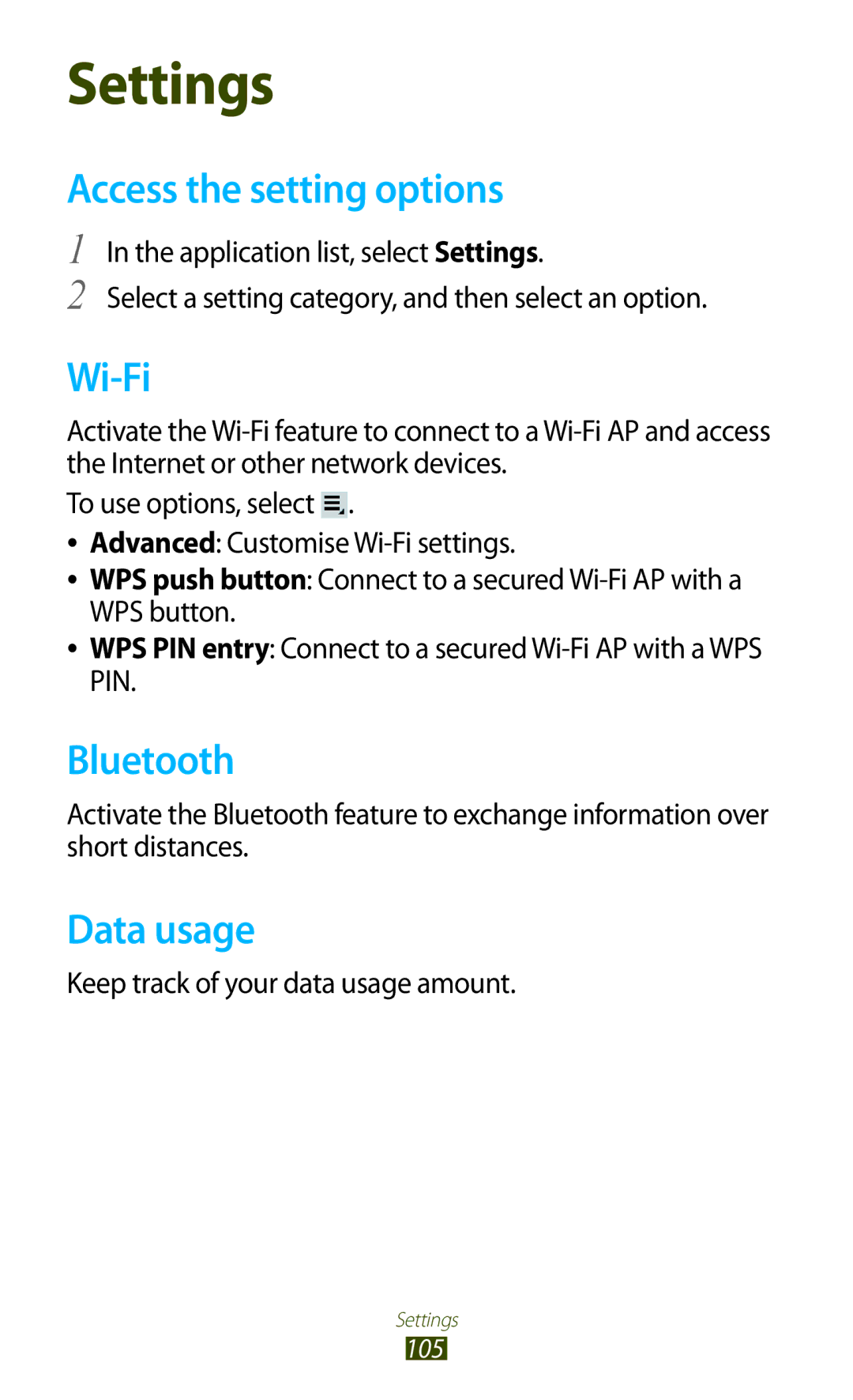 Samsung GT-P3110TSAXEF, GT-P3110ZWFDBT manual Access the setting options, Data usage, Keep track of your data usage amount 