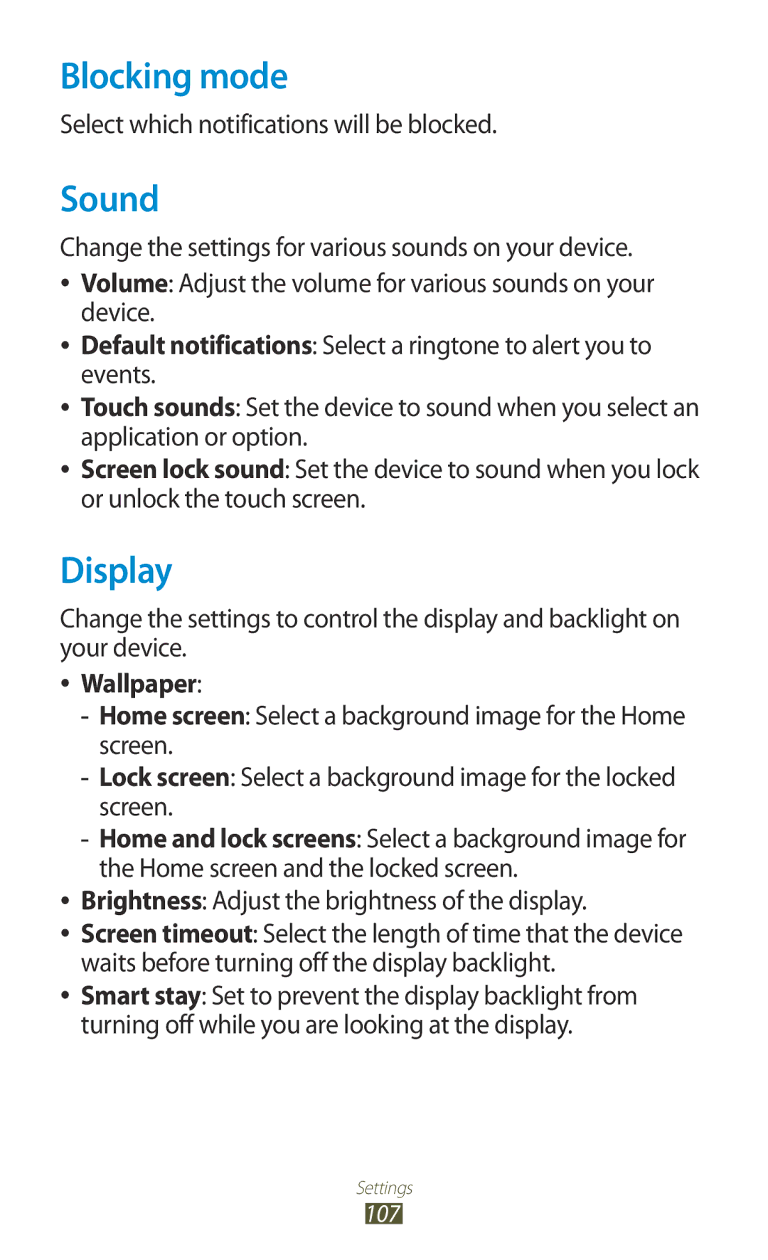 Samsung GT-P3110TSESFR manual Blocking mode, Sound, Display, Select which notifications will be blocked, Wallpaper 