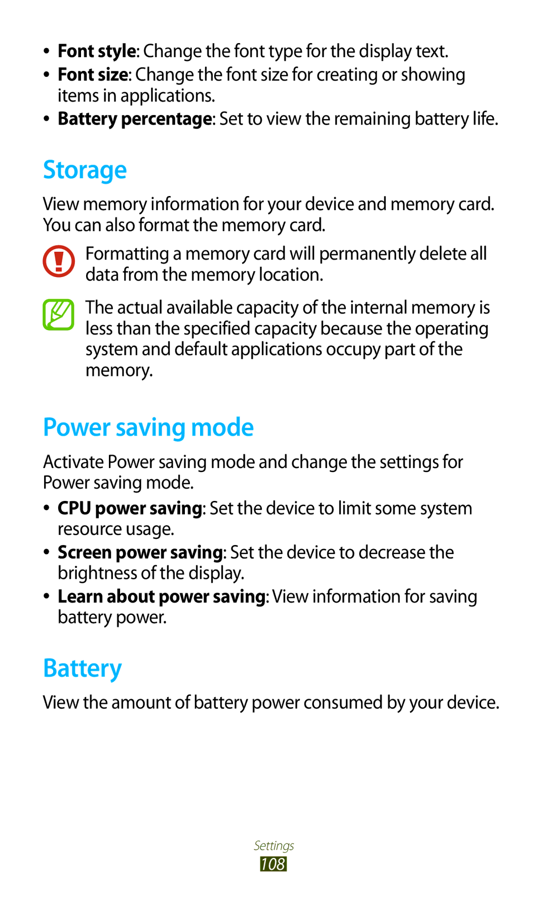 Samsung GT-P3110TSEOMN manual Storage, Power saving mode, Battery, View the amount of battery power consumed by your device 