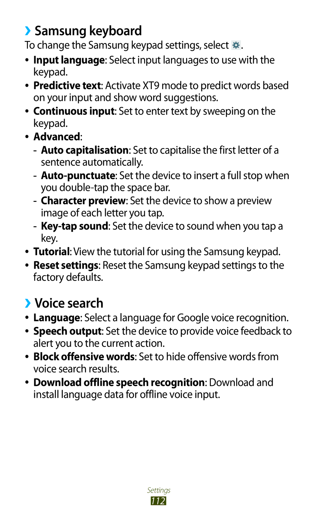 Samsung GT-P3110ZWEOMN, GT-P3110ZWFDBT, GT-P3110TSAXEO, GT-P3110ZWAATO manual ››Samsung keyboard, ››Voice search, Advanced 