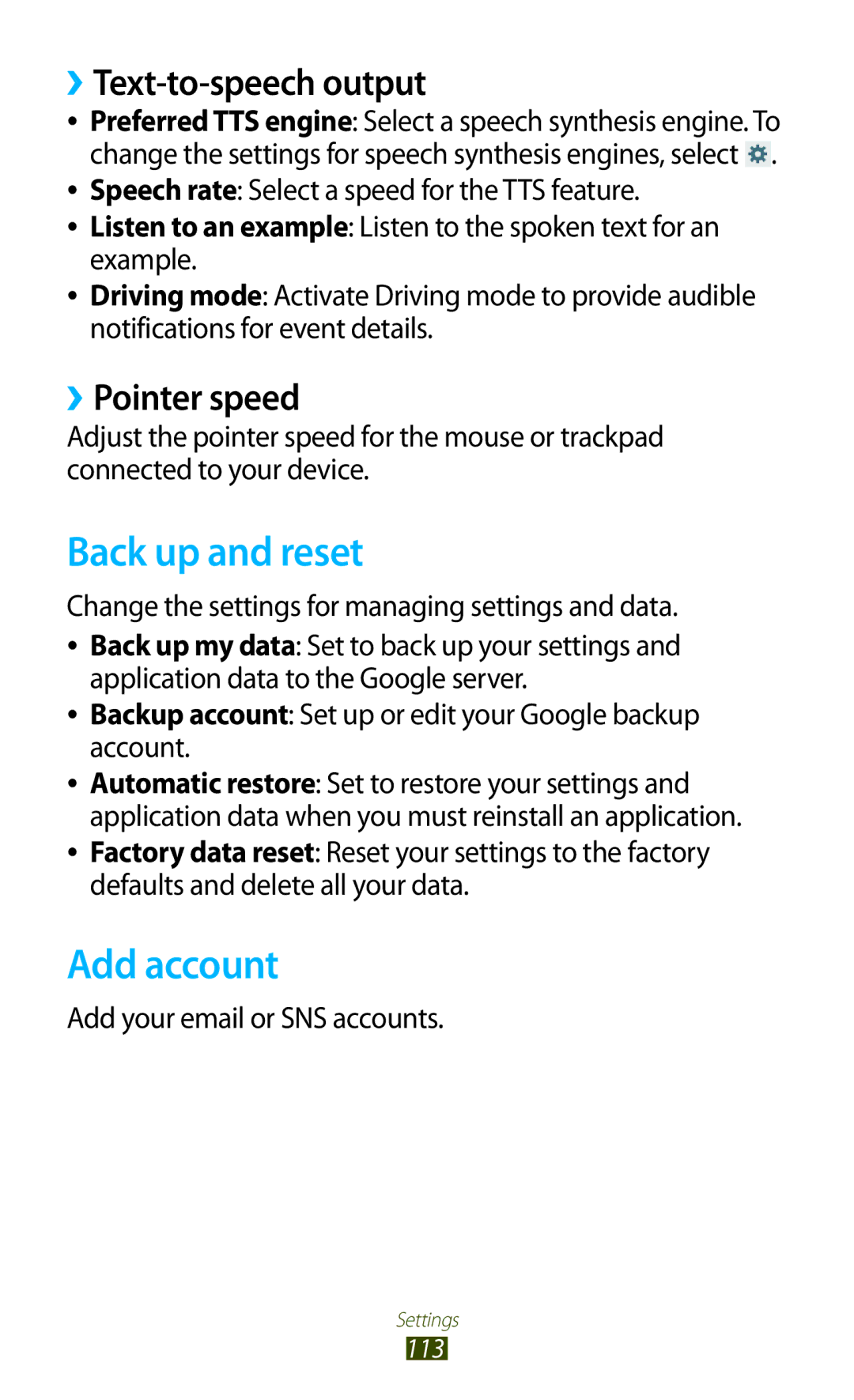 Samsung GT-P3110TSAITV, GT-P3110ZWFDBT manual Back up and reset, Add account, ››Text-to-speech output, ››Pointer speed 