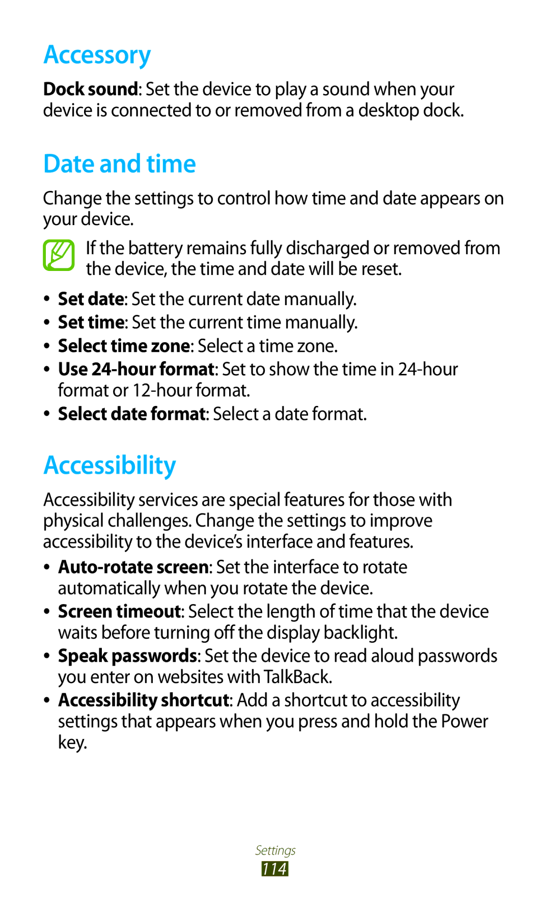 Samsung GT-P3110ZWAPHE, GT-P3110ZWFDBT, GT-P3110TSAXEO, GT-P3110ZWAATO manual Accessory, Date and time, Accessibility 