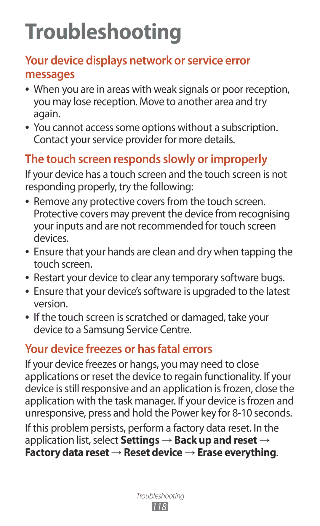 Samsung GT-P3110ZWABGL, GT-P3110ZWFDBT, GT-P3110TSAXEO, GT-P3110ZWAATO, GT-P3110GRADBT, GT-P3110TSEDBT manual Troubleshooting 