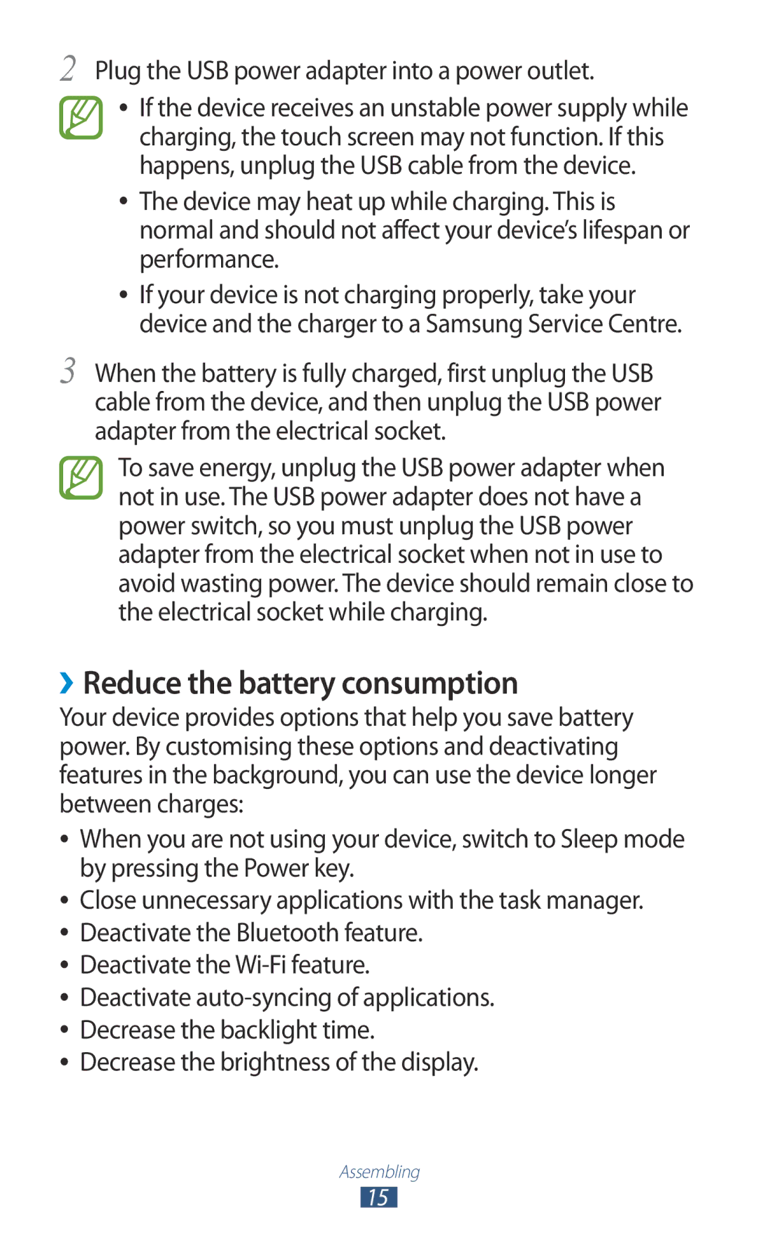 Samsung GT-P3110ZWADBT, GT-P3110ZWFDBT ››Reduce the battery consumption, Plug the USB power adapter into a power outlet 