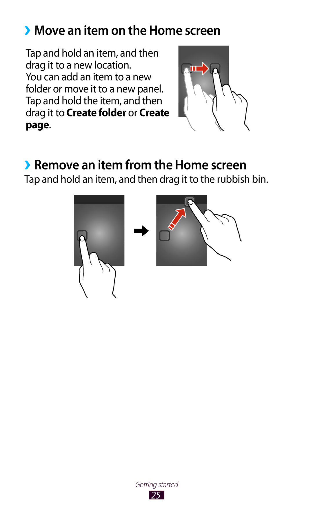 Samsung GT-P3110TSASFR, GT-P3110ZWFDBT manual ››Move an item on the Home screen, ››Remove an item from the Home screen 
