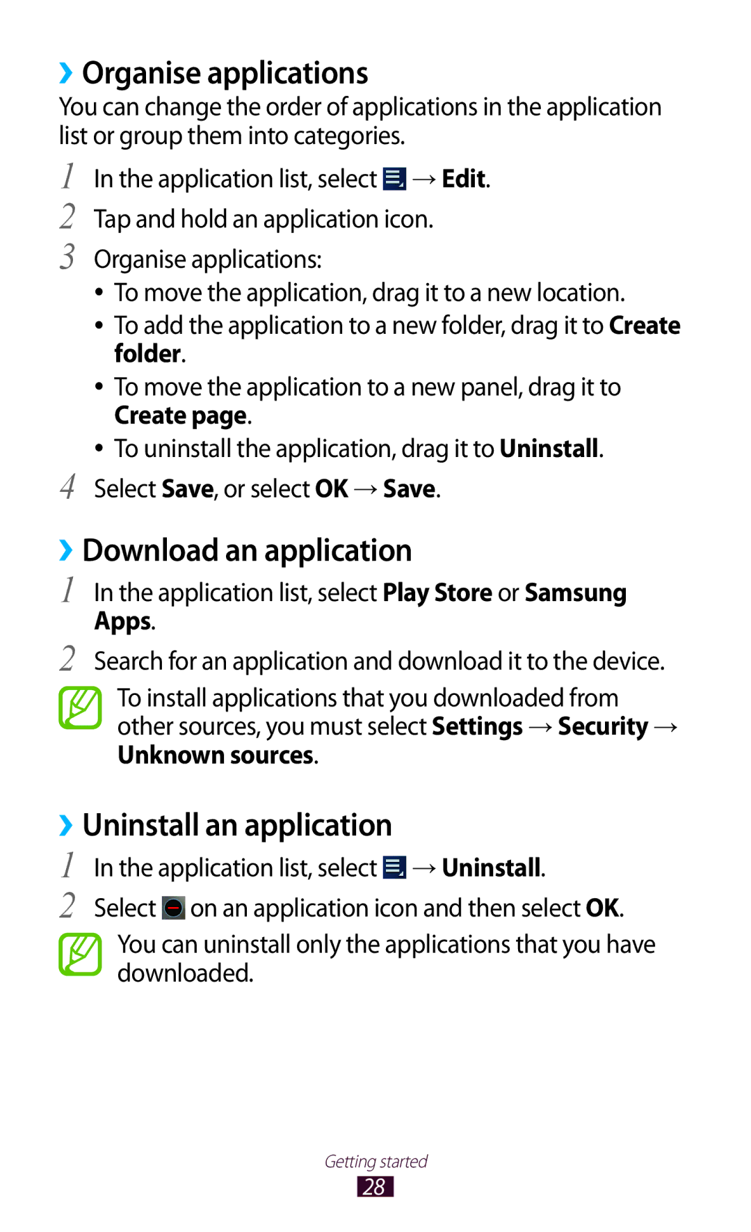 Samsung GT-P3110TSABOG manual ››Organise applications, ››Download an application, ››Uninstall an application, Apps 