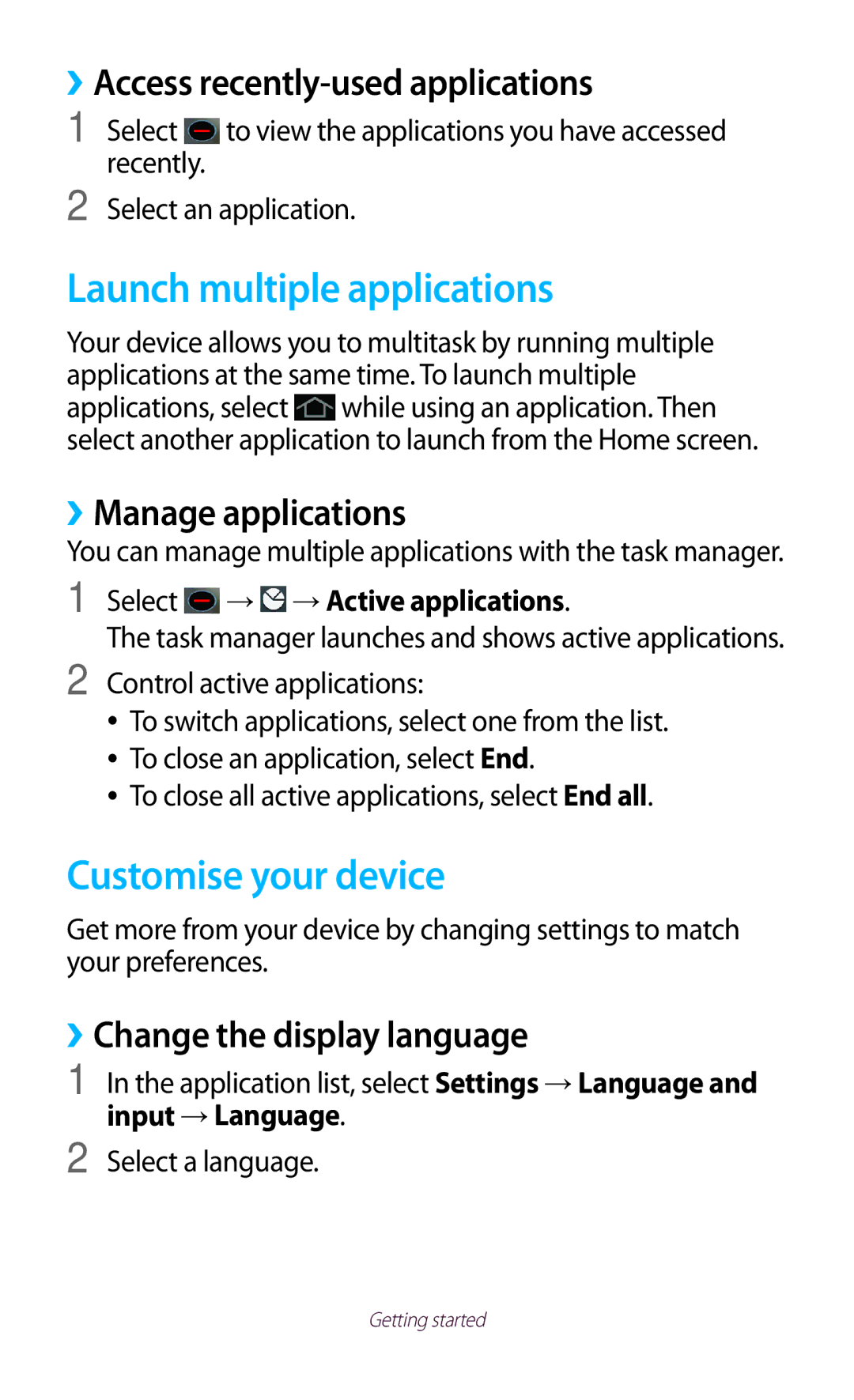 Samsung GT-P3110TSEFTM manual Launch multiple applications, Customise your device, ››Access recently-used applications 