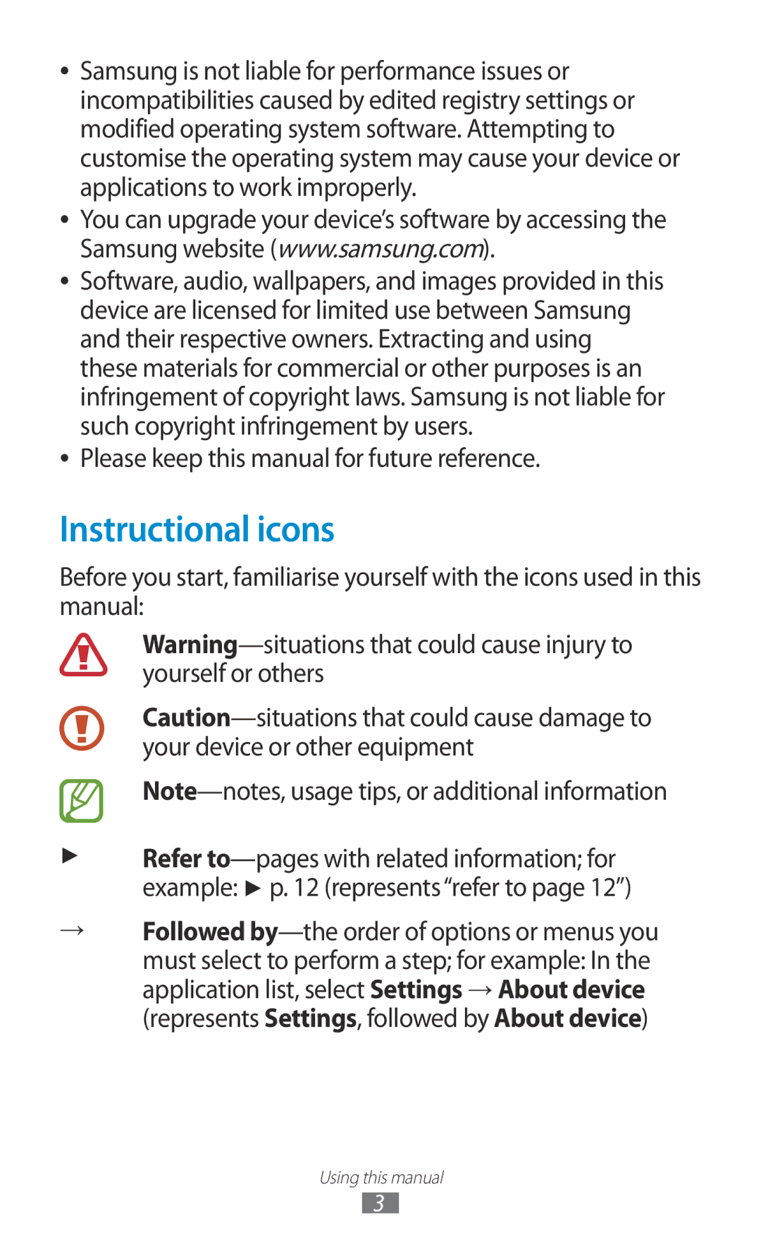 Samsung GT-P3110GRADBT, GT-P3110ZWFDBT, GT-P3110TSAXEO Instructional icons, Please keep this manual for future reference 