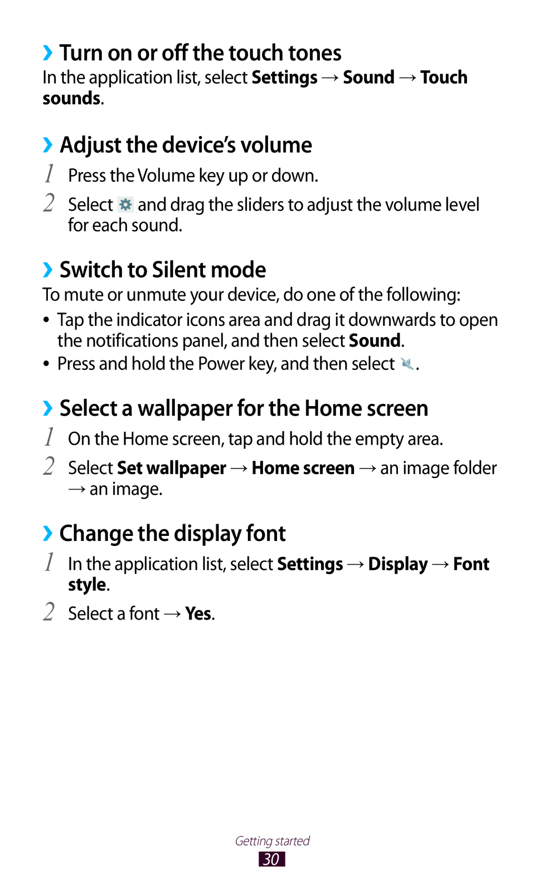 Samsung GT-P3110TSAXEF manual ››Turn on or off the touch tones, ››Adjust the device’s volume, ››Switch to Silent mode 