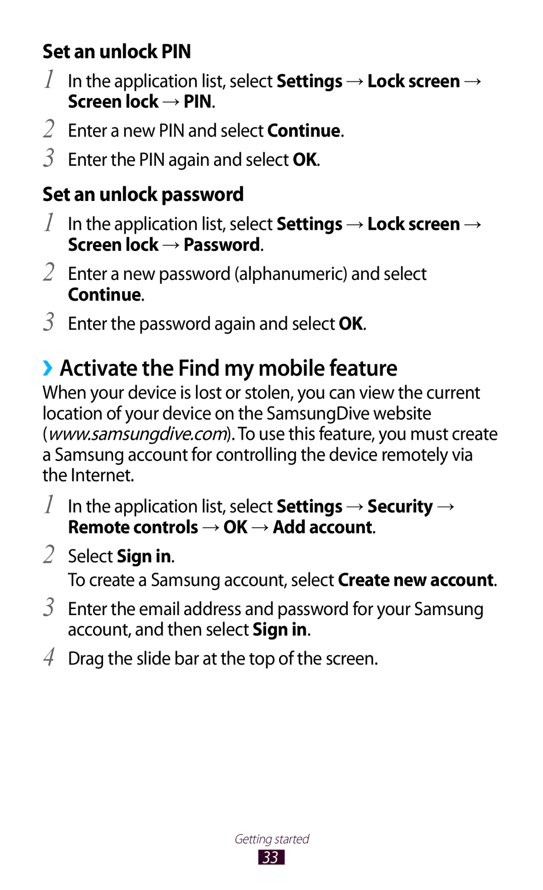 Samsung GT-P3110TSEOMN manual ››Activate the Find my mobile feature, Application list, select Settings → Lock screen → 