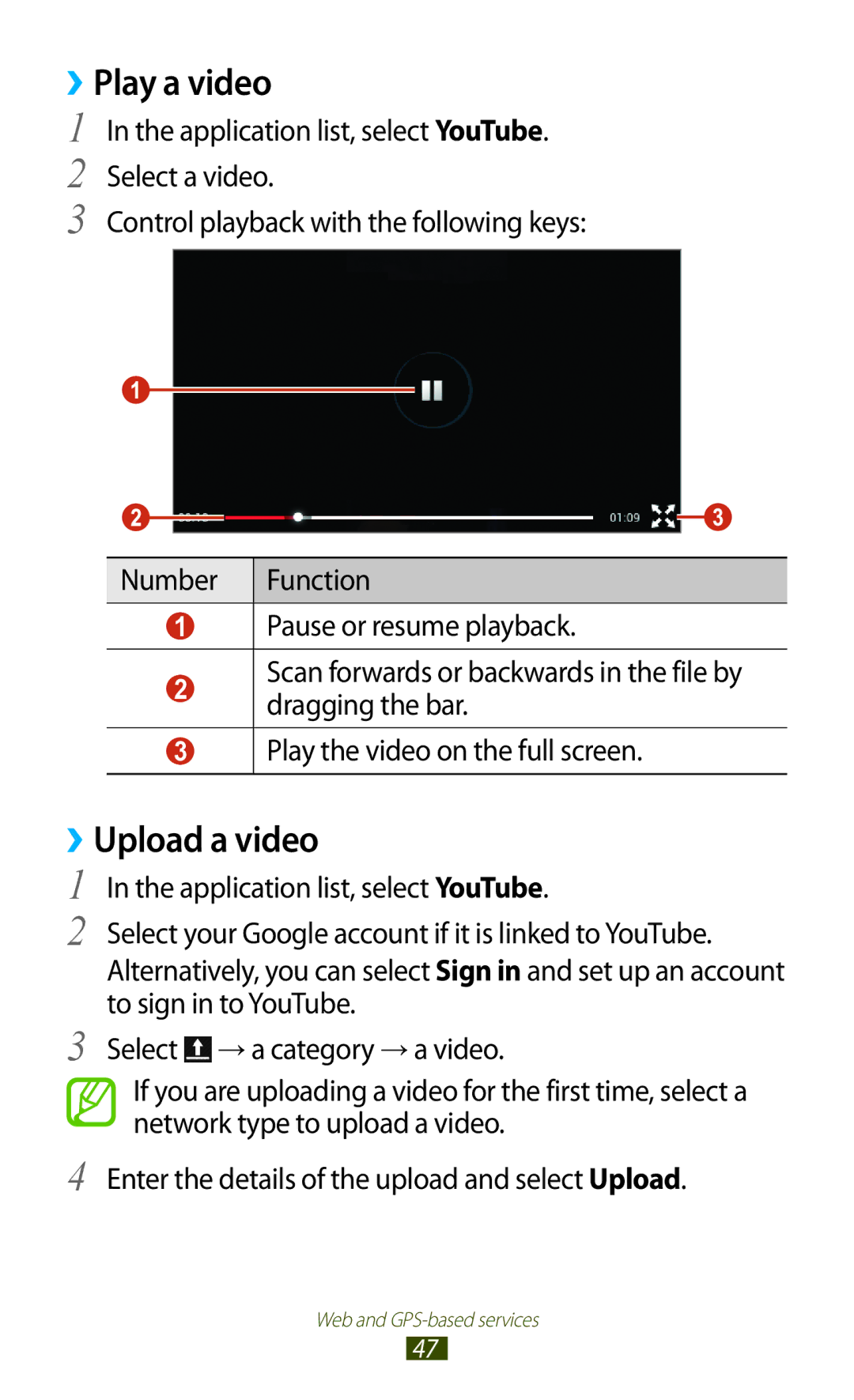 Samsung GT-P3110ZWACOA, GT-P3110ZWFDBT, GT-P3110TSAXEO, GT-P3110ZWAATO, GT-P3110GRADBT manual ››Play a video, ››Upload a video 