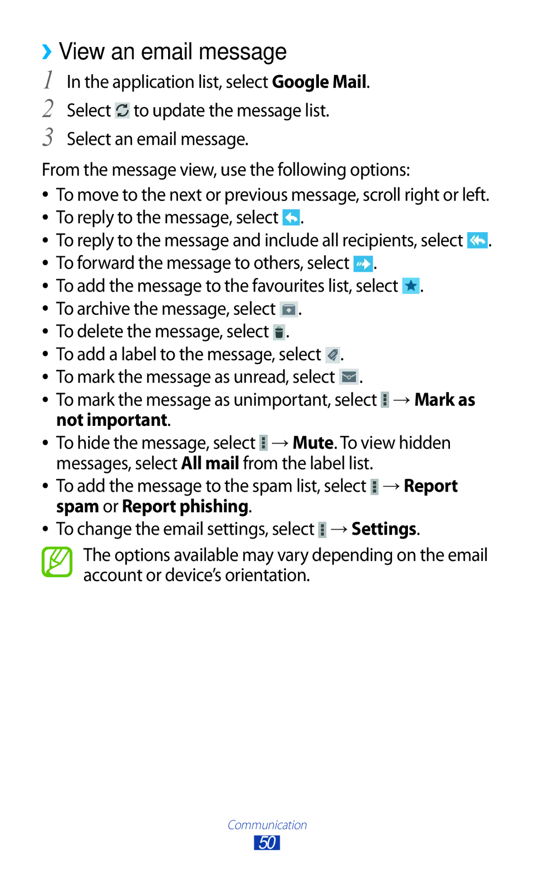 Samsung GT-P3110TSEXEZ, GT-P3110ZWFDBT manual ››View an email message, Not important, → Report, Spam or Report phishing 